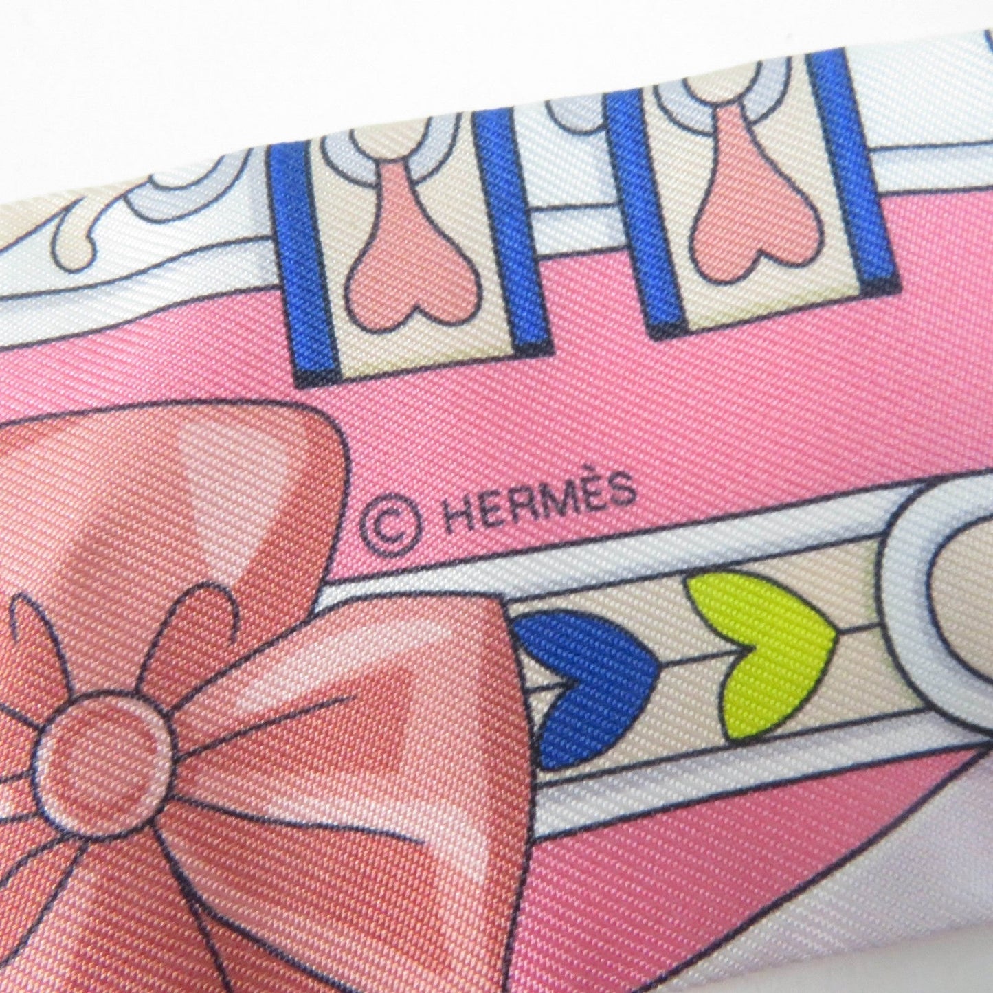 HERMES scarf silk Rose Bonbon/Blue Vif/White Twilly Arne de Coeur