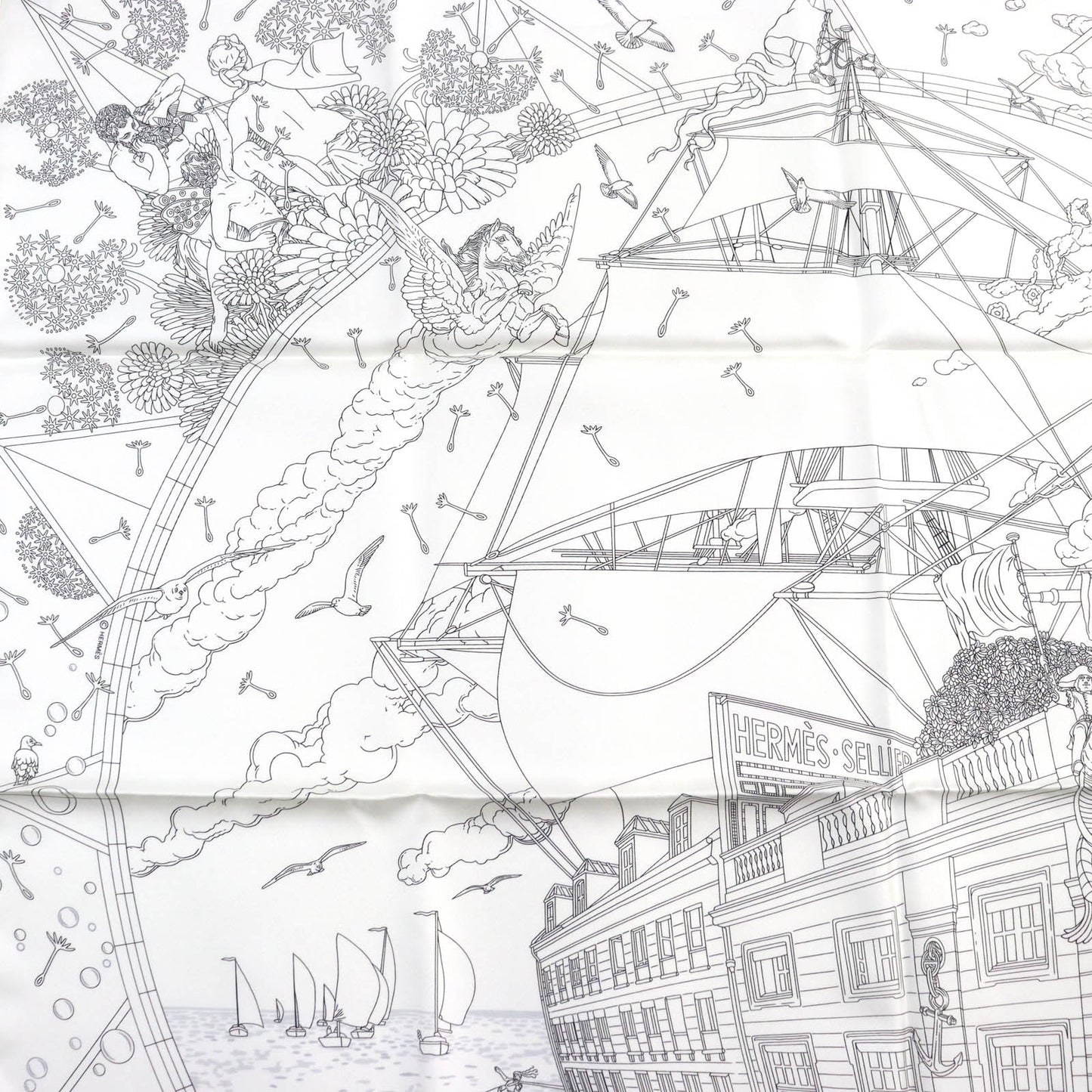 HERMES scarf silk BLANC/NOIR/GRIS Carre90 HERMES FLAGSHIP Hermes Flagship
