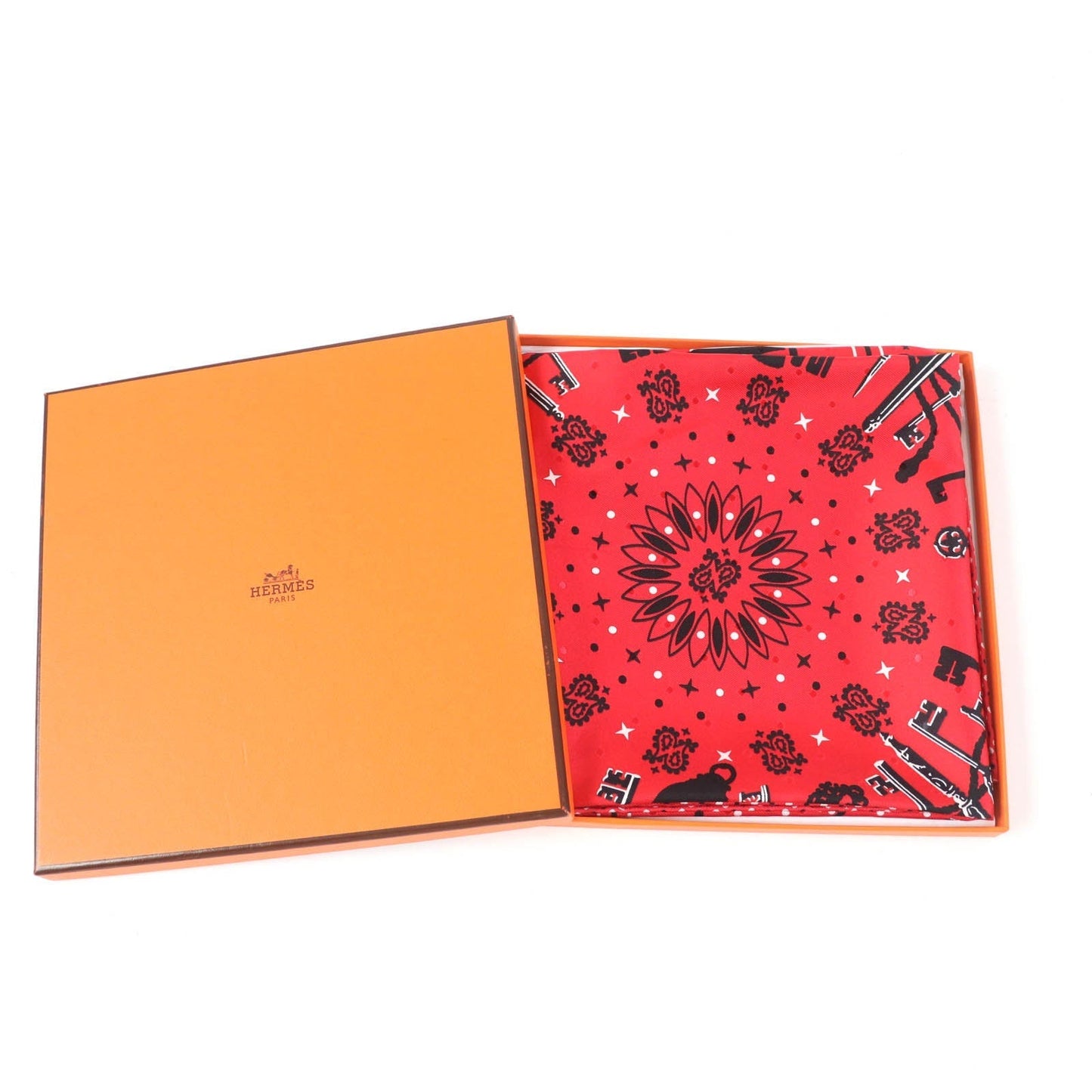 HERMES scarf silk Rouge Noir Blanc Carre55 LES CLES Les Clés Key