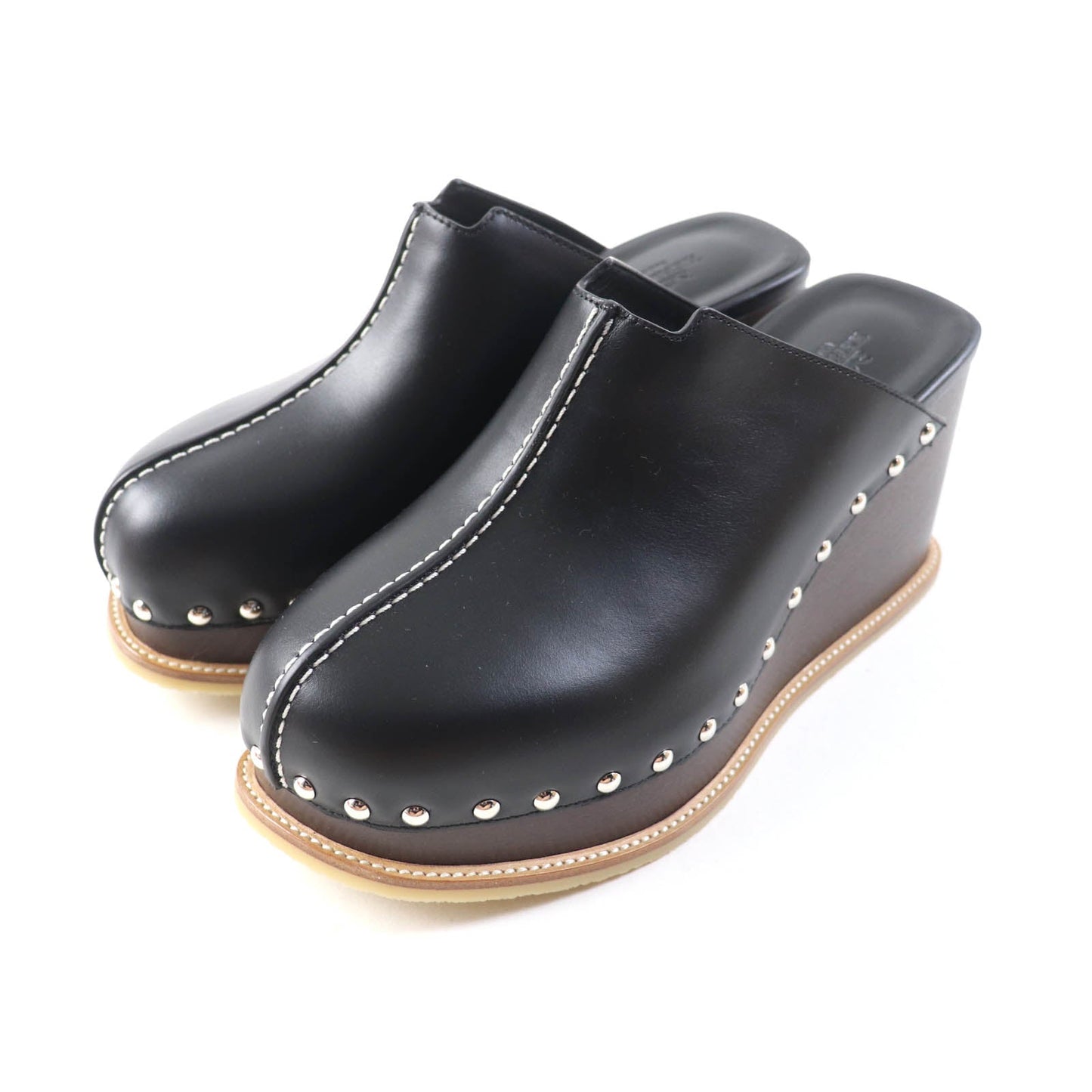 HERMES Sandals leather black Earth 37