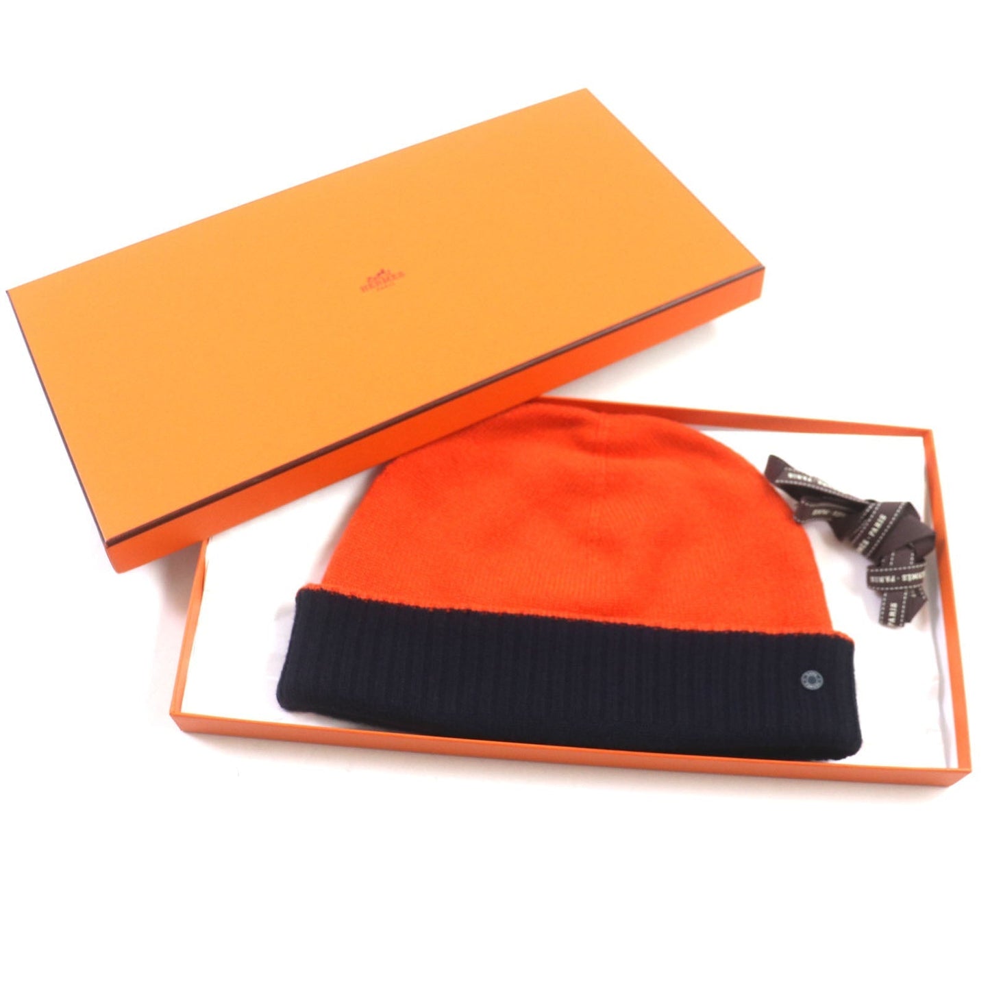 HERMES Knit cap H232074N cashmere Orange navy Hugo M