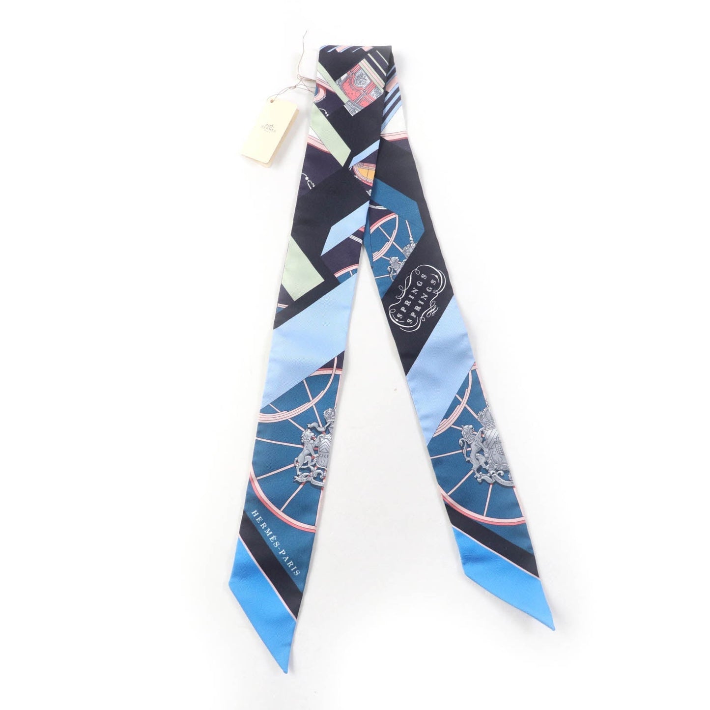 HERMES scarf silk BLEU/ROSE/VERT SPRINGS SPRINGS BAGUE