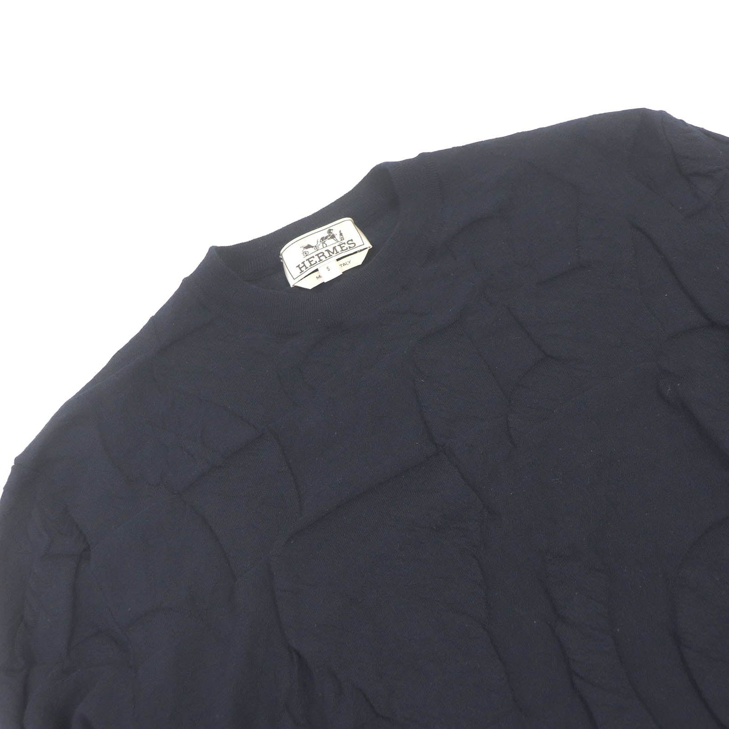 HERMES Short sleeve knit wool Navy Jeu de points harnais S