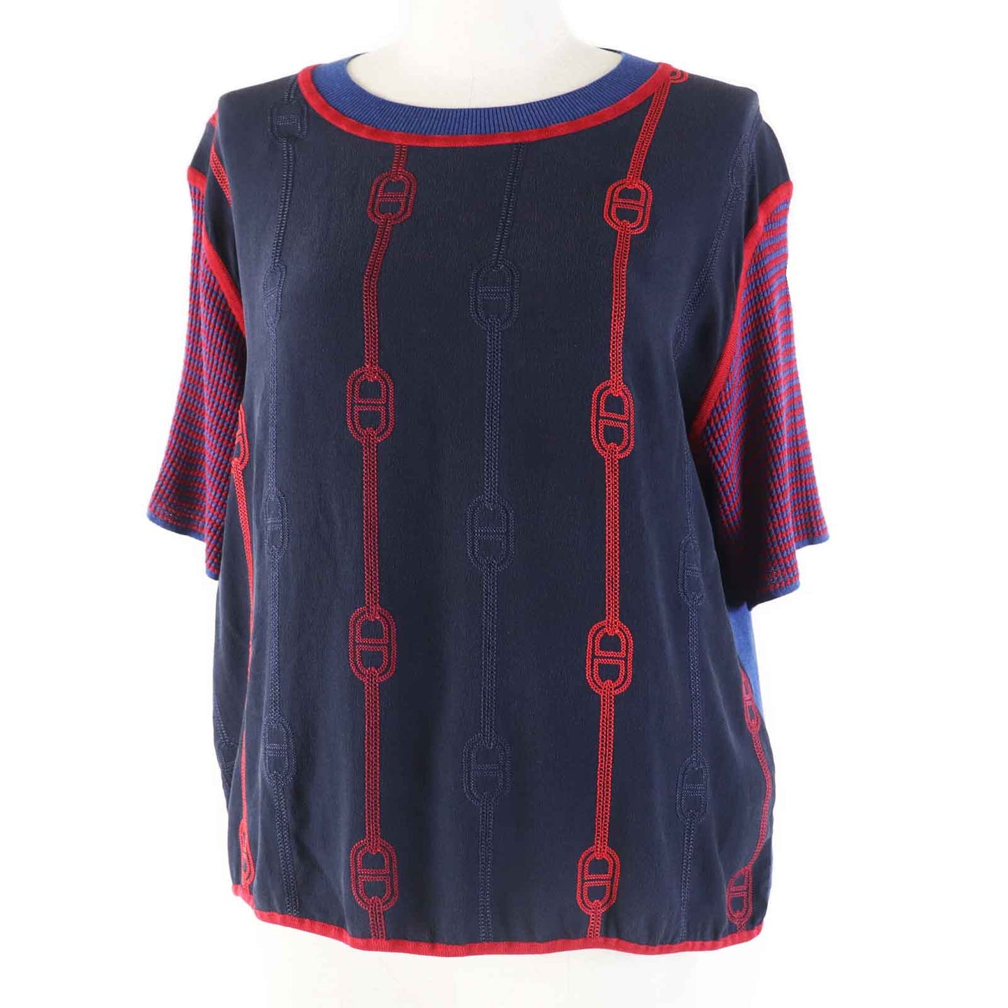 HERMES Short sleeve knit 3E2810DV silk Navy red 40