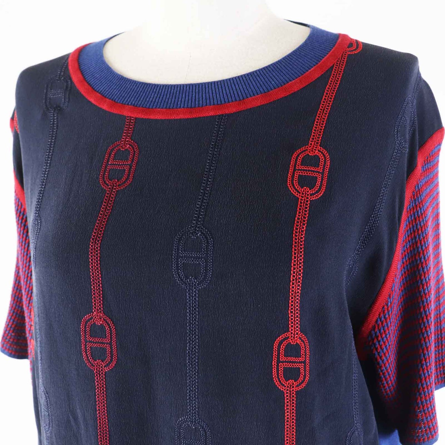 HERMES Short sleeve knit 3E2810DV silk Navy red 40