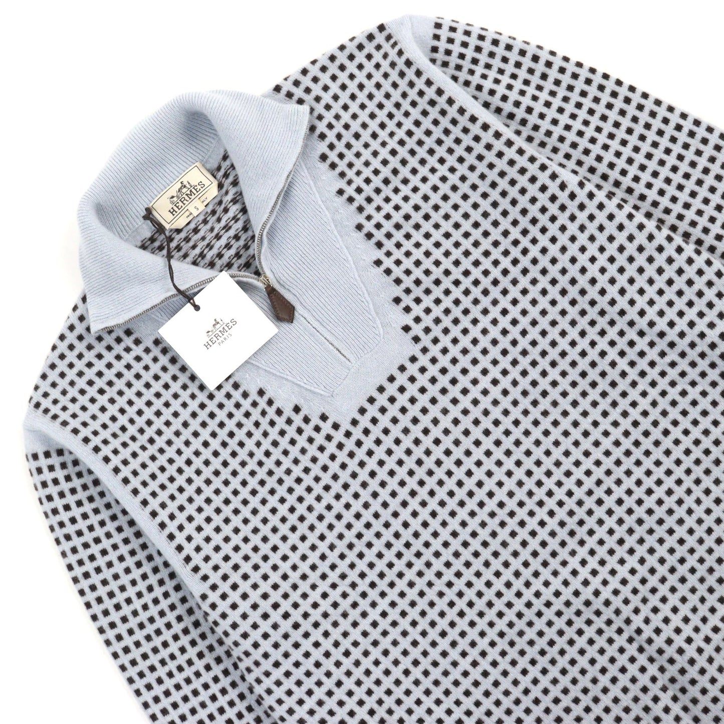 HERMES knit cashmere Light Blue Brown All-over Pattern S