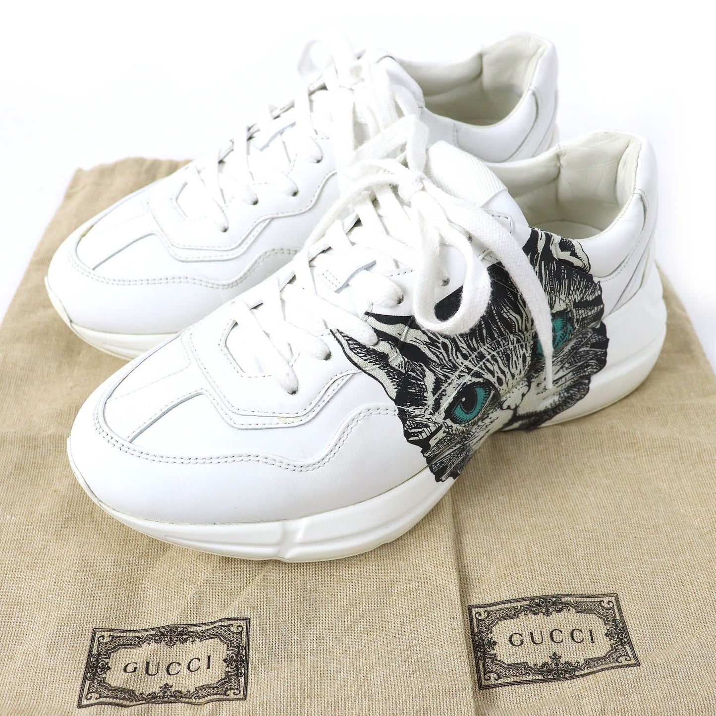 GUCCI sneakers 58337 Main: Leather White Black Green Yellow Mystic cat Women 38 Used