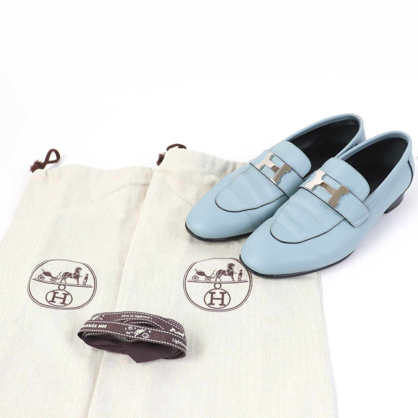 HERMES loafers leather Light blue 37