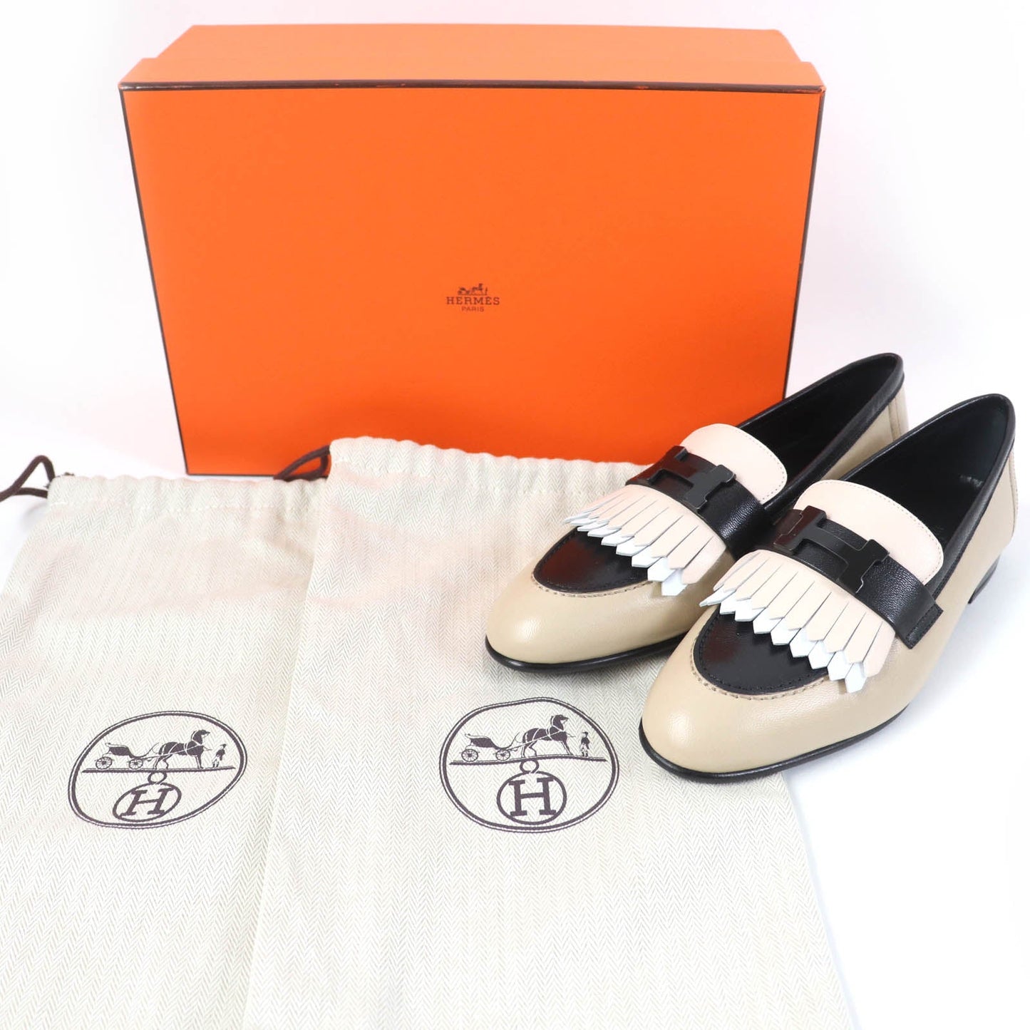 HERMES loafers leather Beige black 35.5