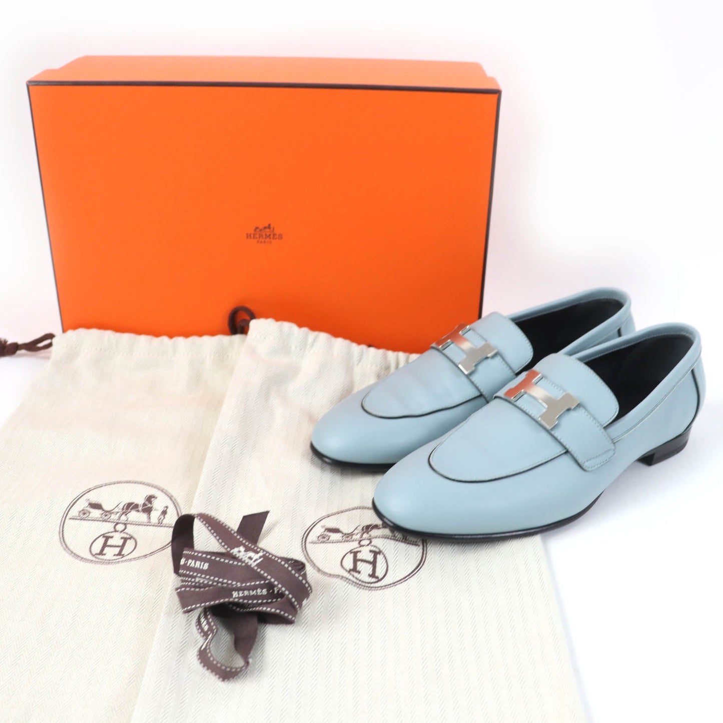 HERMES loafers leather Light blue 36