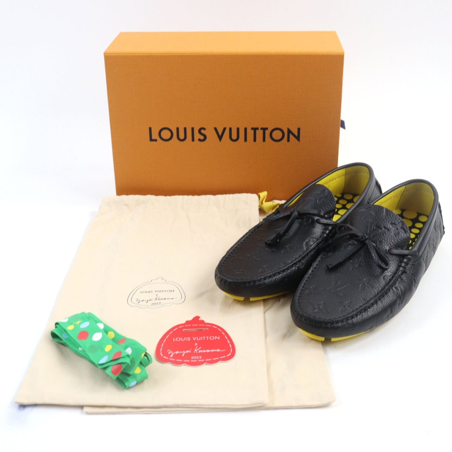 LOUIS VUITTON Flat shoes leather Black yellow LV driver line 7