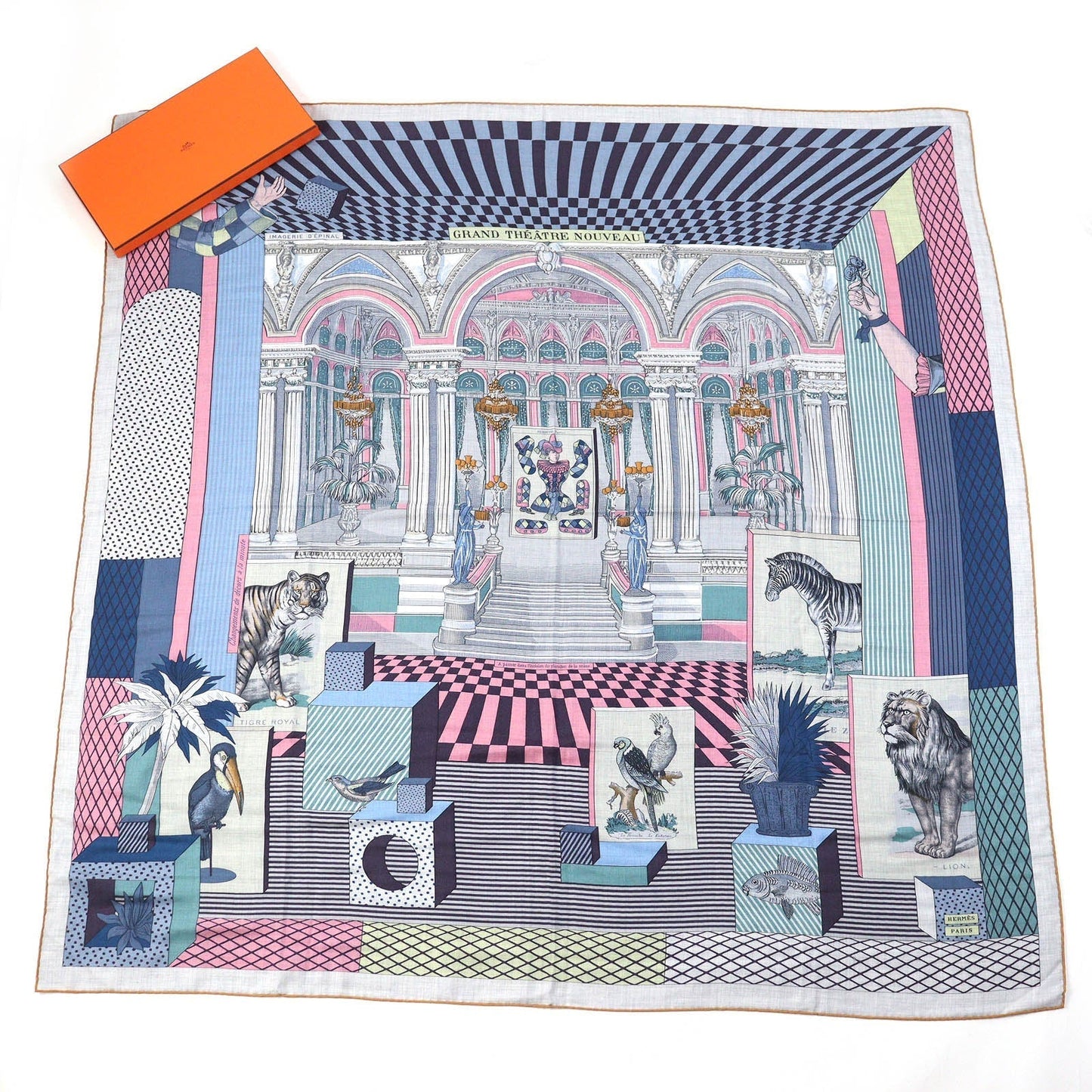 HERMES scarf cashmere Gris Chine/Bleu/Rose Carre140 GRAND THEATRE NOUVEAU