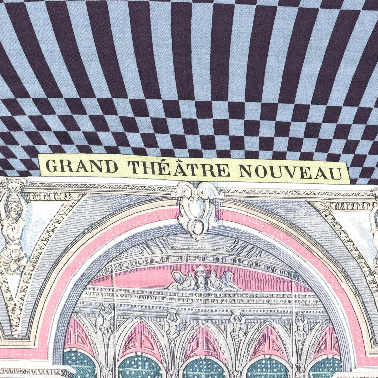 HERMES scarf cashmere Gris Chine/Bleu/Rose Carre140 GRAND THEATRE NOUVEAU