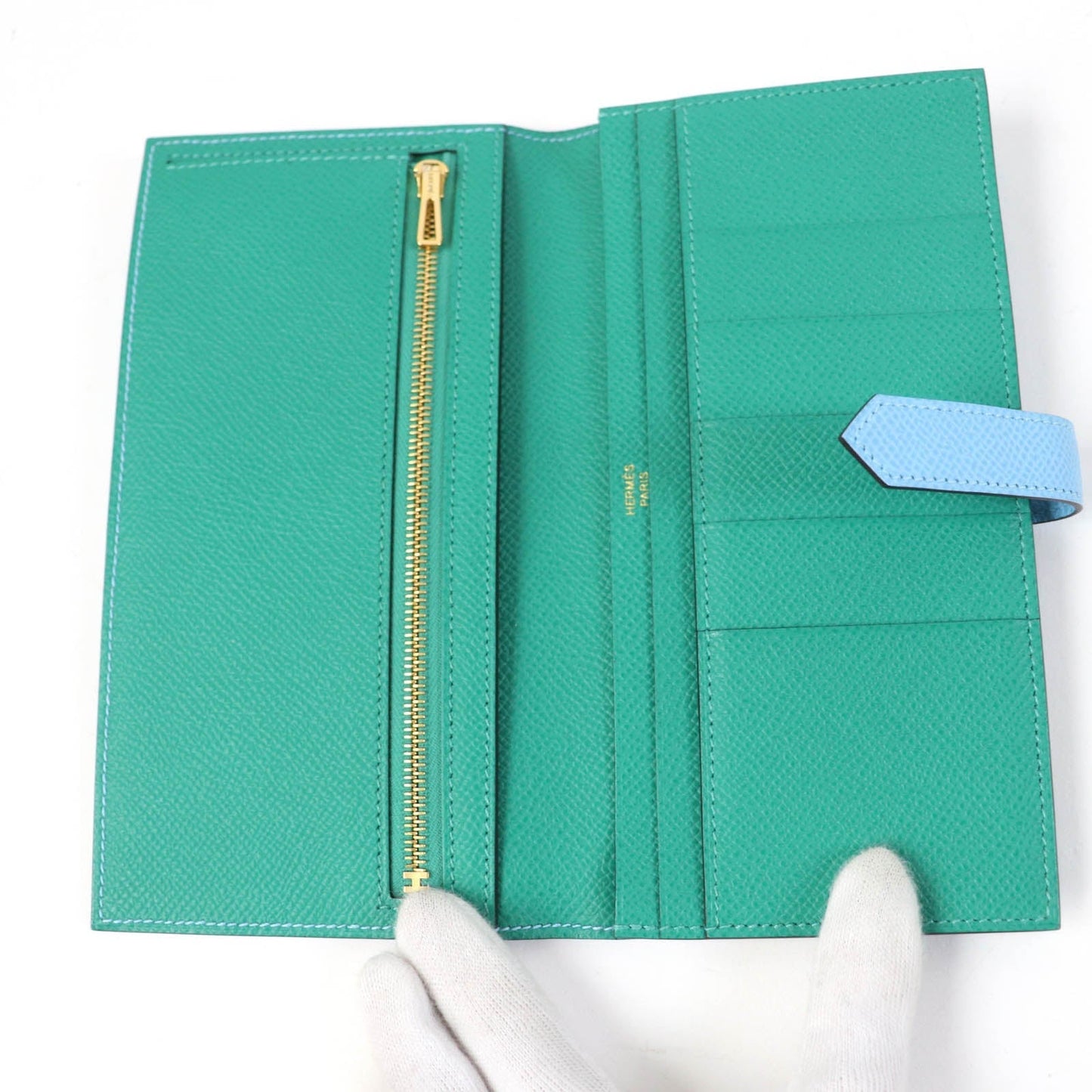 HERMES Long Wallet Purse Epsom Celeste Veil Jade Beansufla