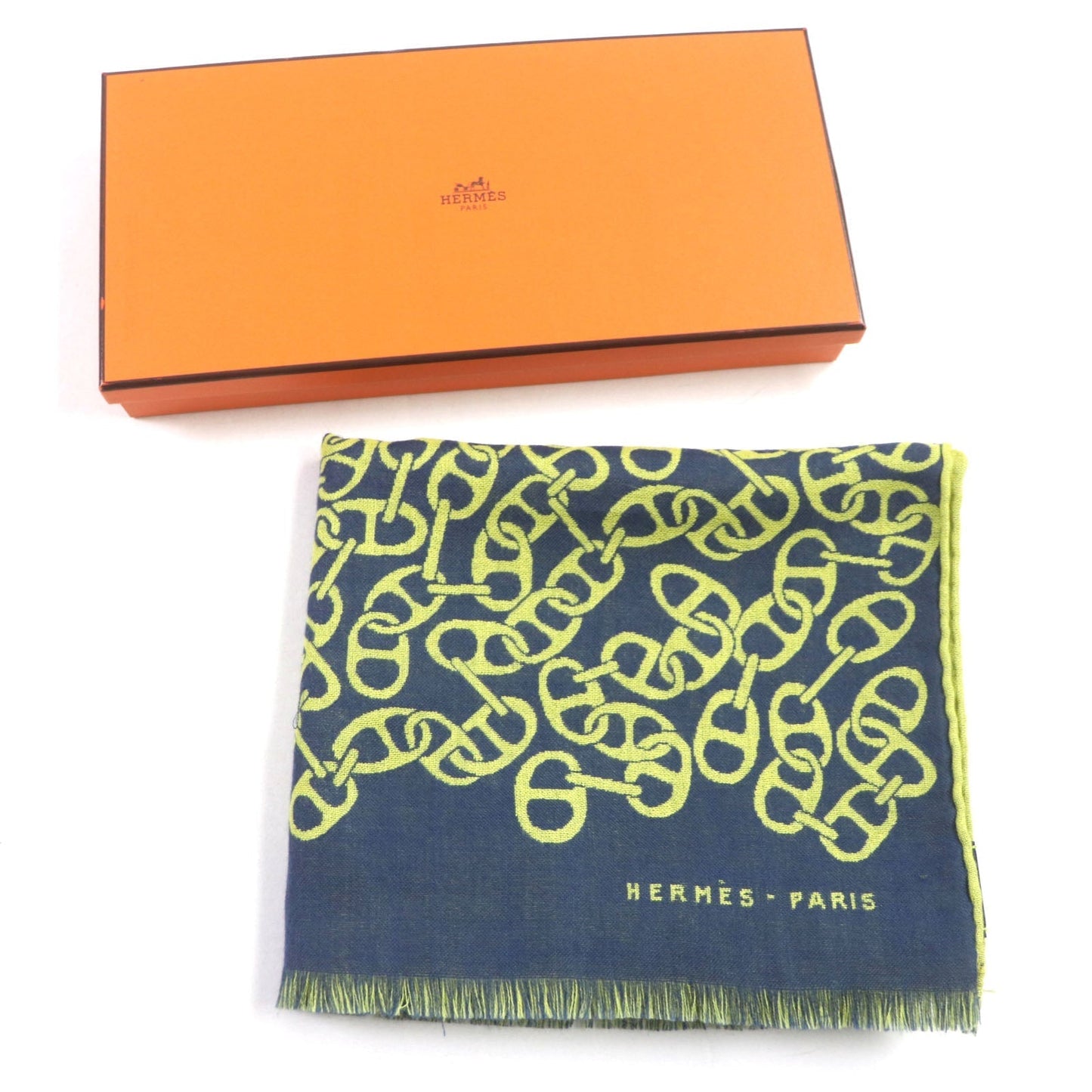 HERMES Scarf H706094T cashmere Blue Ocean Citron Nausa