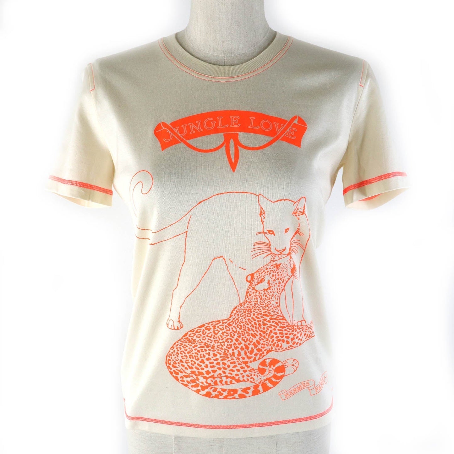 HERMES Short sleeve T-shirt 2H4616DH cotton Light Beige Neon Orange Jungle love 34