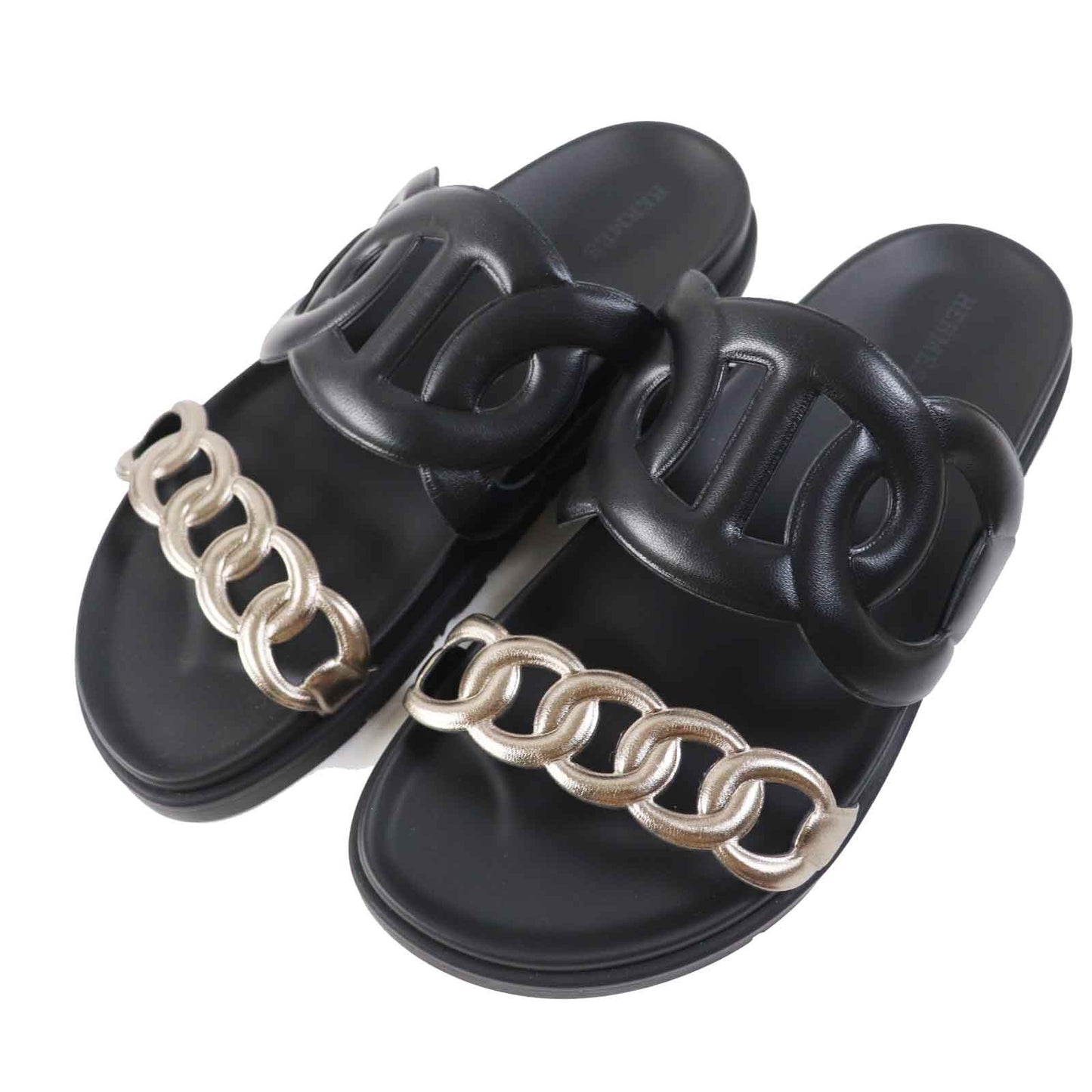 HERMES Sandals leather black extra 39