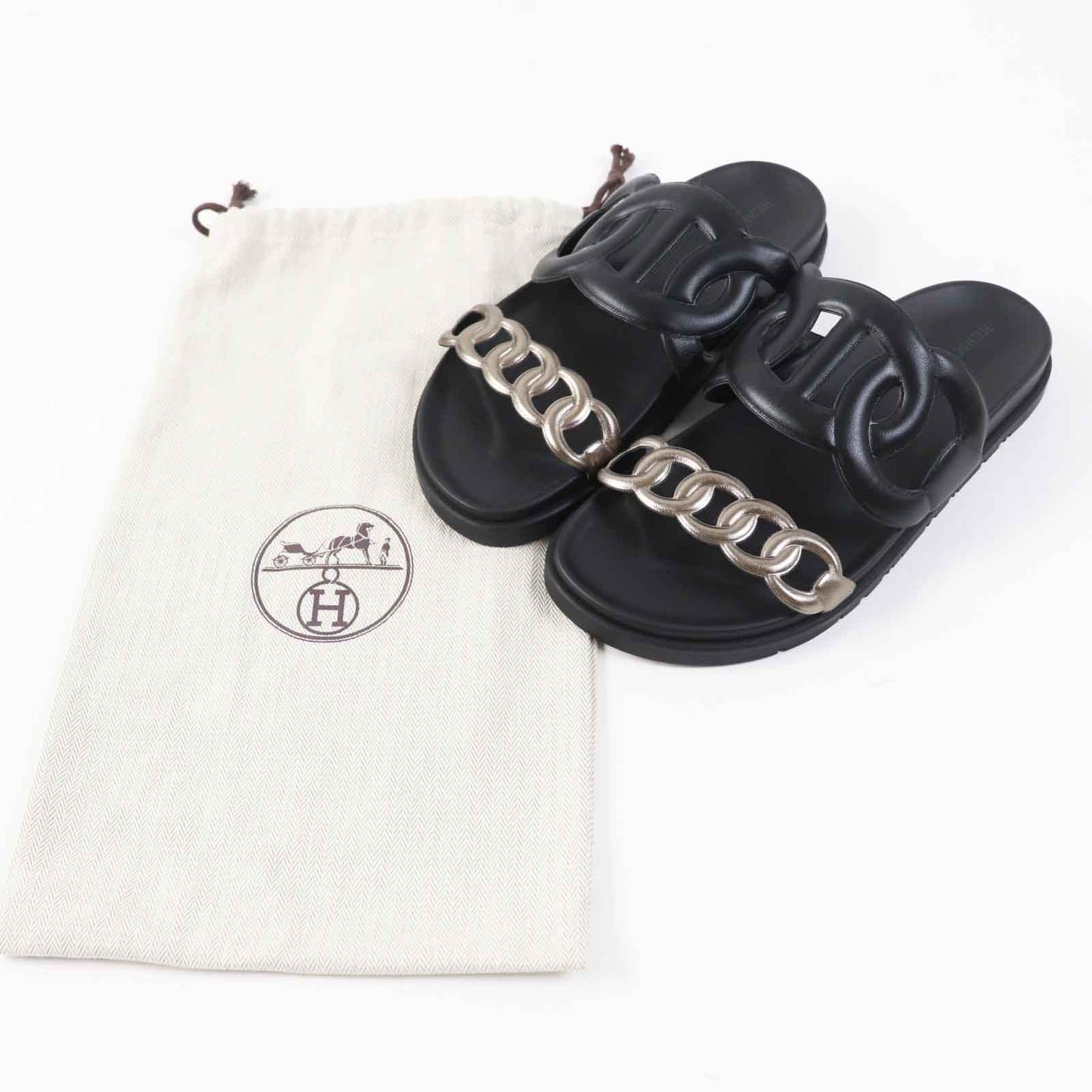 HERMES Sandals leather black extra 39