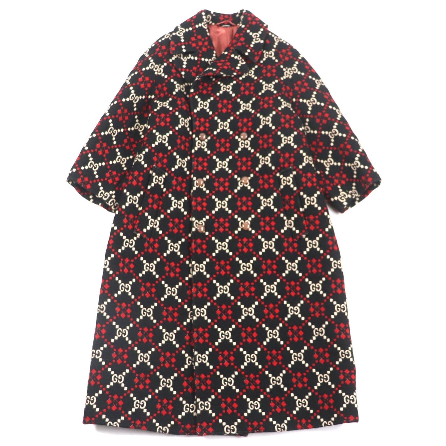 GUCCI Double chester coat 535769 Outer: 100% wool, Lining: 68% rayon, Lining: 32% silk Black red GG diamond Diamond Wool Coat mens 50 Used