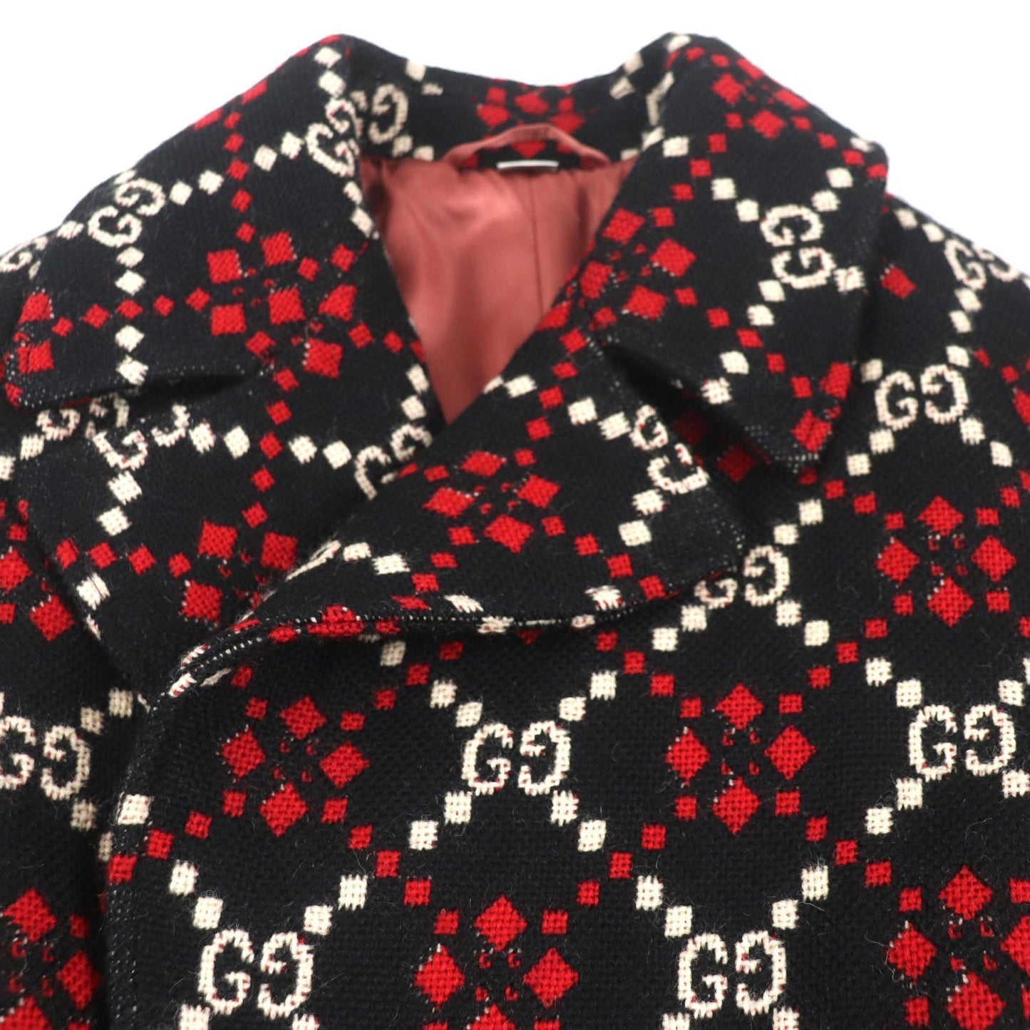 GUCCI Double chester coat 535769 Outer: 100% wool, Lining: 68% rayon, Lining: 32% silk Black red GG diamond Diamond Wool Coat mens 50 Used