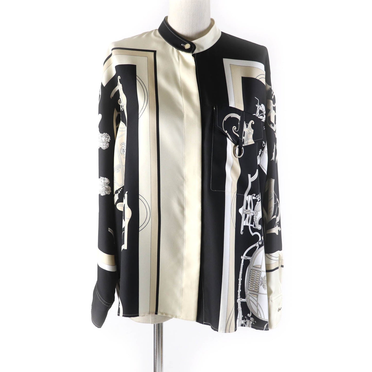 HERMES Long sleeve shirt 3E0607D7 silk Beige black EX LIBRIS 40