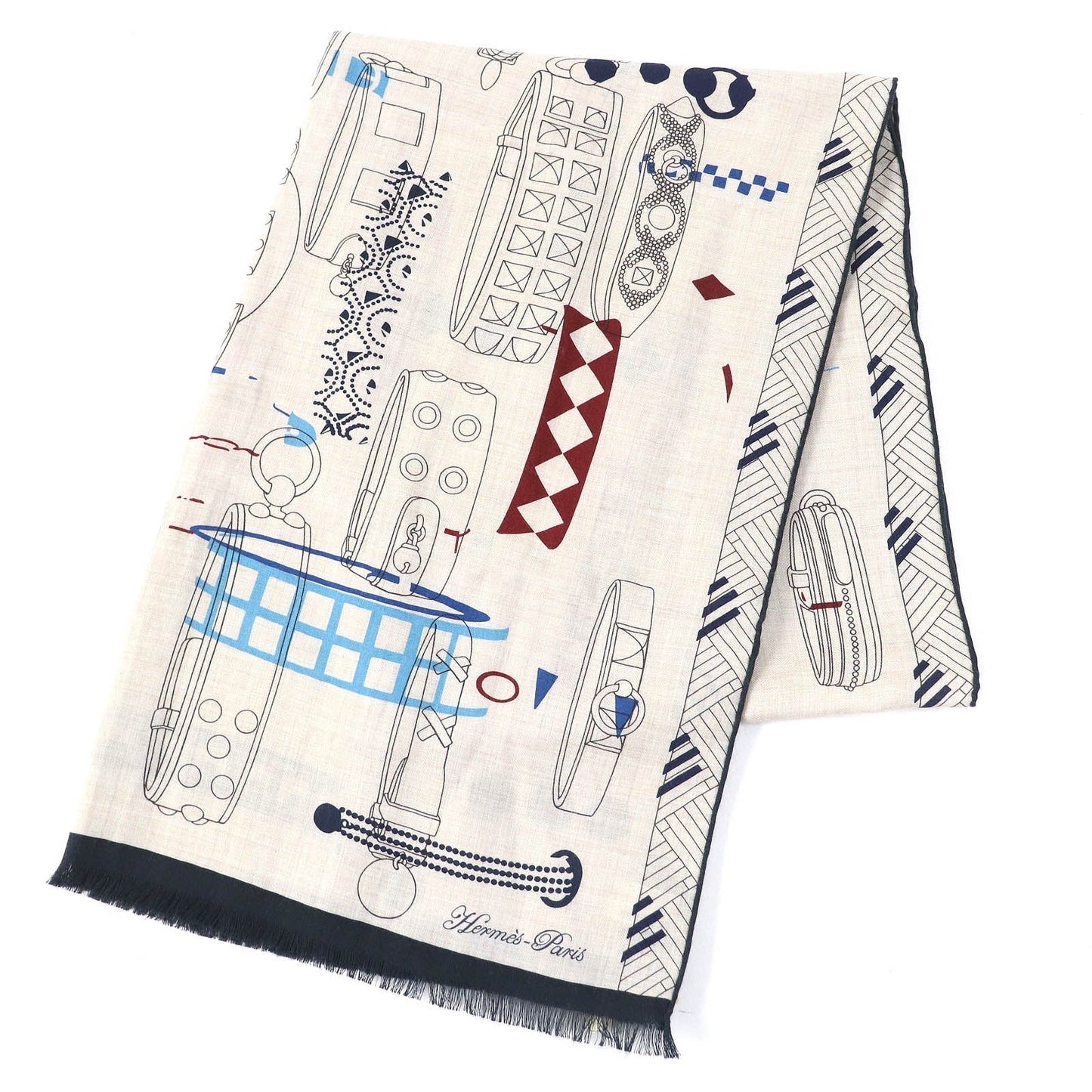 HERMES Stall 694134T cashmere NATUREL/ARDOISE/BORDE Rectangle Colliers de Chiens Imprimeur Fou