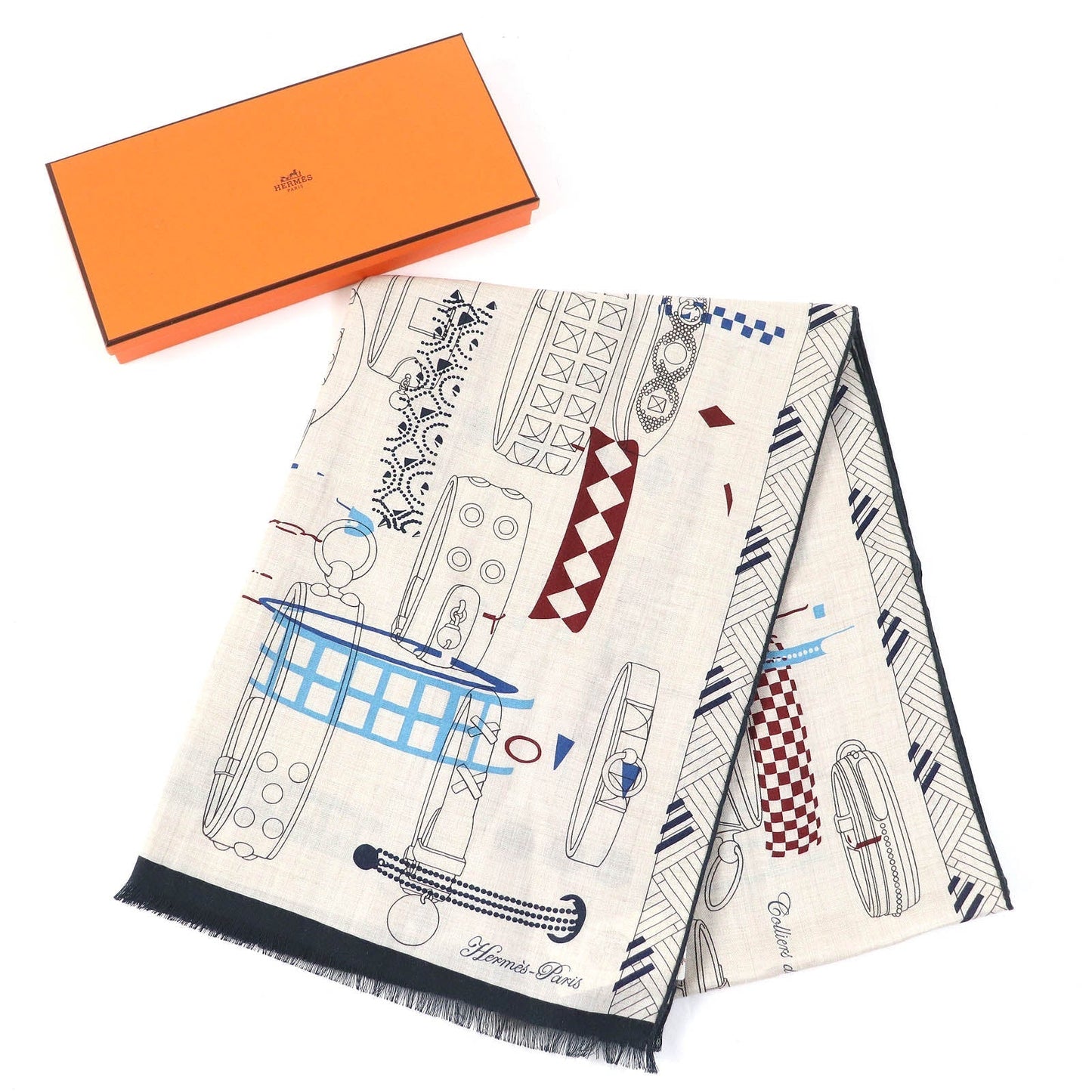 HERMES Stall 694134T cashmere NATUREL/ARDOISE/BORDE Rectangle Colliers de Chiens Imprimeur Fou