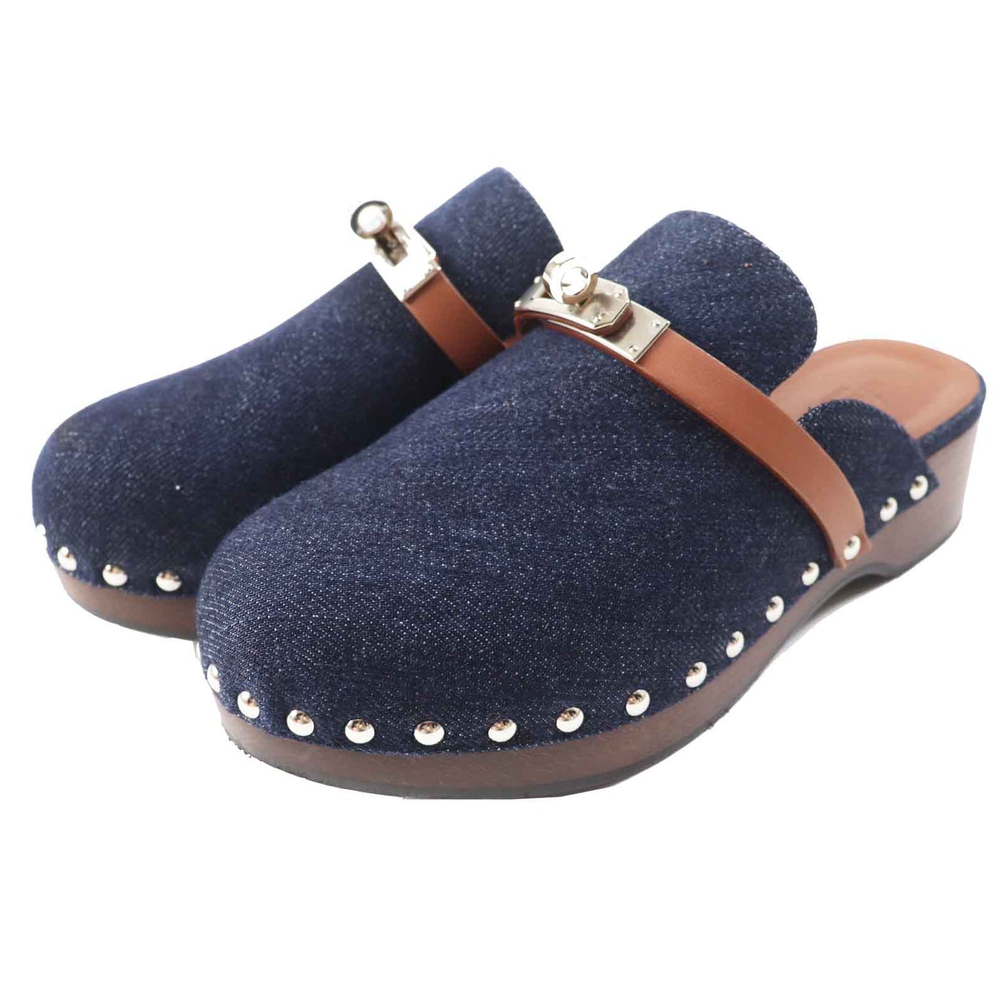HERMES Sandals Main: Denim, Part: Leather, Part: Wood Indigo blue Carlotta Women 35 Used