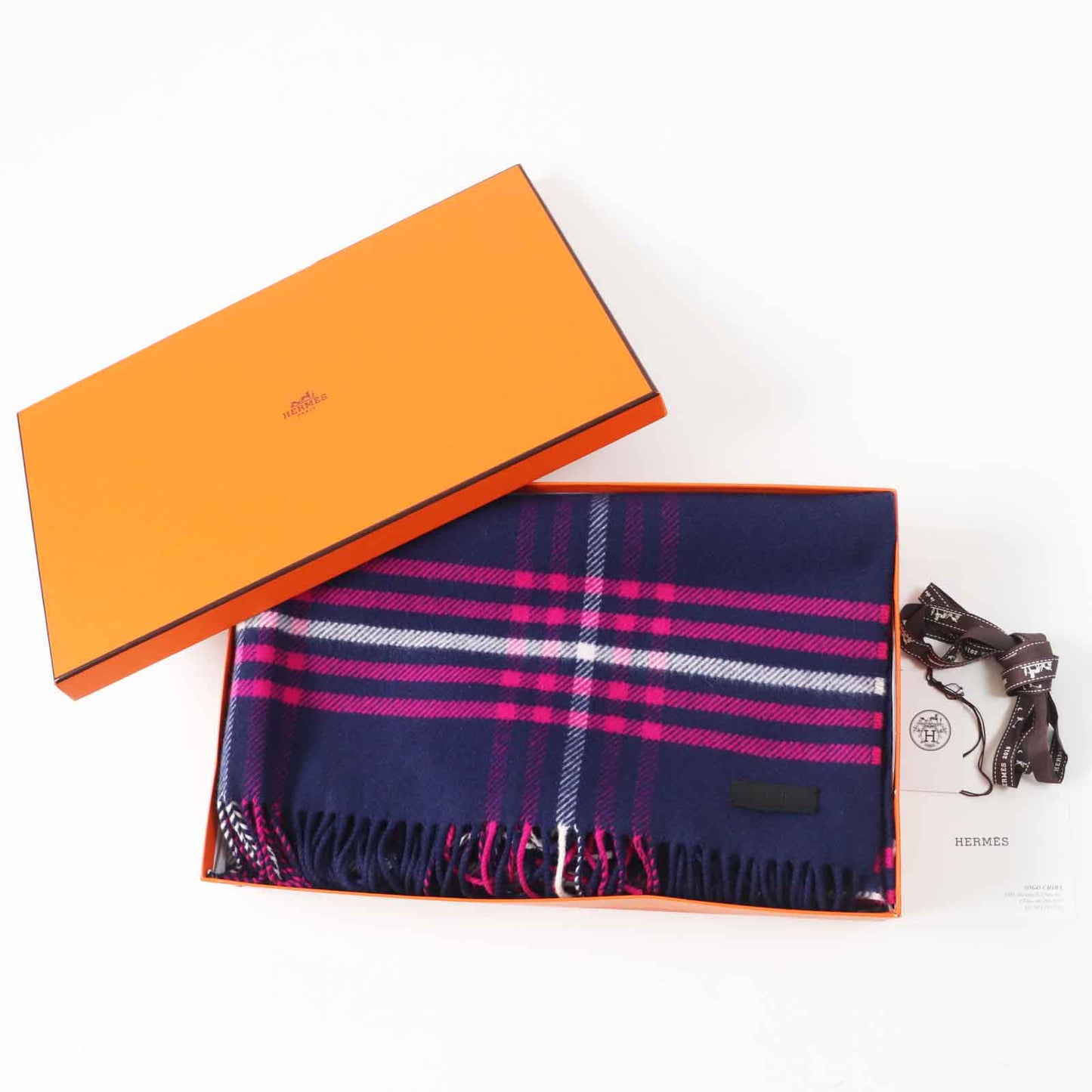 HERMES Scarf Main: 100% cashmere, Leather part: Cowhide Navy pink Women Used