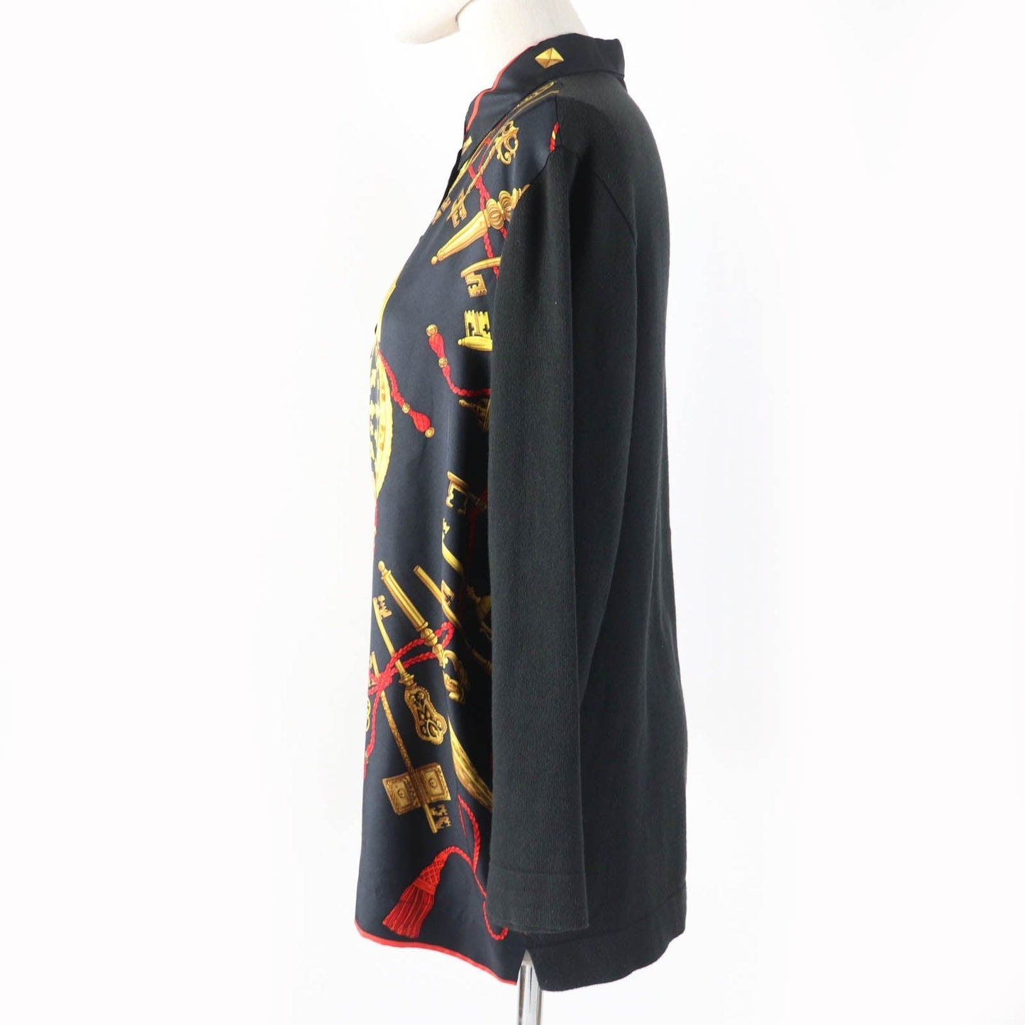 HERMES Long sleeve polo shirt Main: 100% silk, part: 85% cotton, part: 15% cashmere black LES CLES THE KEYS RARE Women M Used
