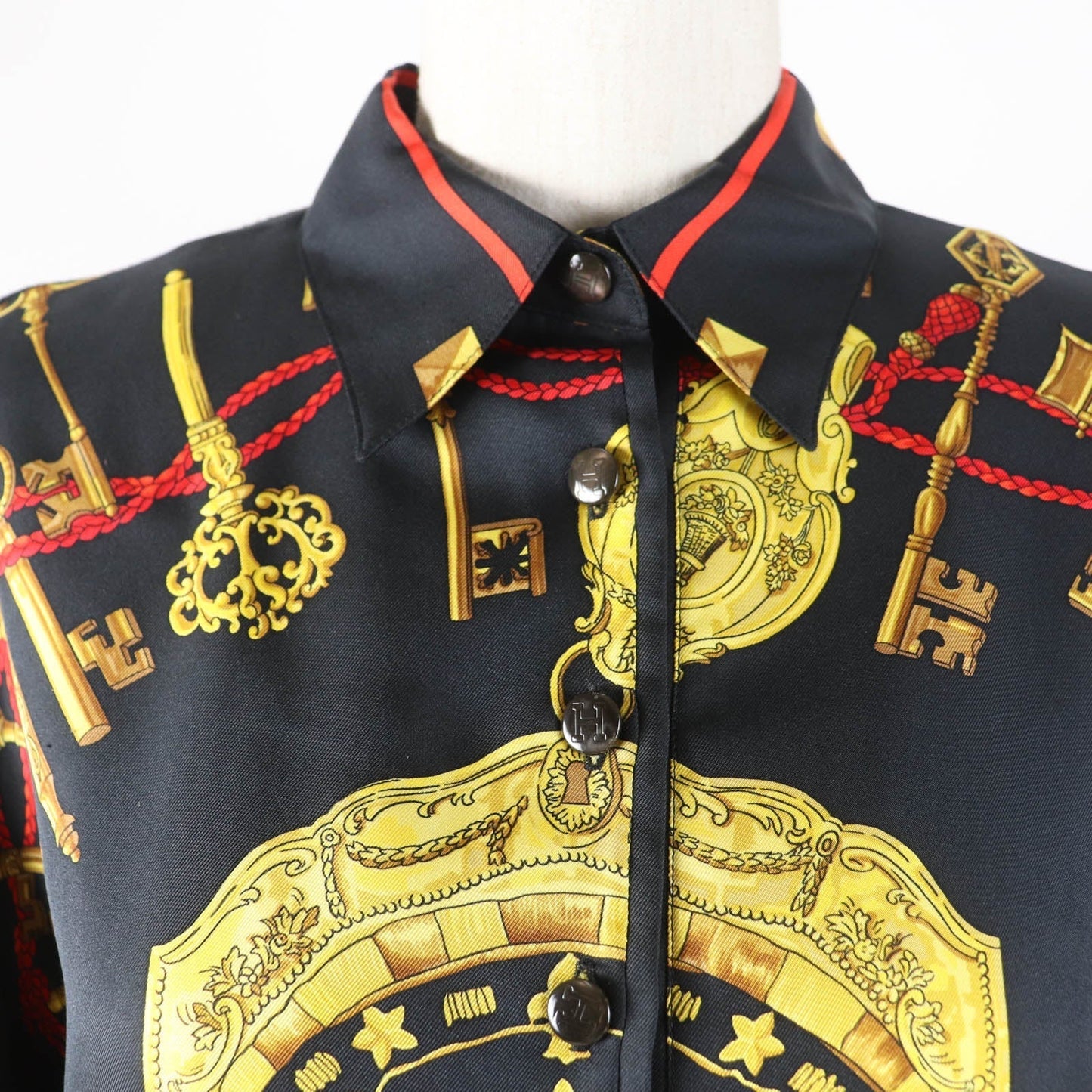 HERMES Long sleeve polo shirt Main: 100% silk, part: 85% cotton, part: 15% cashmere black LES CLES THE KEYS RARE Women M Used