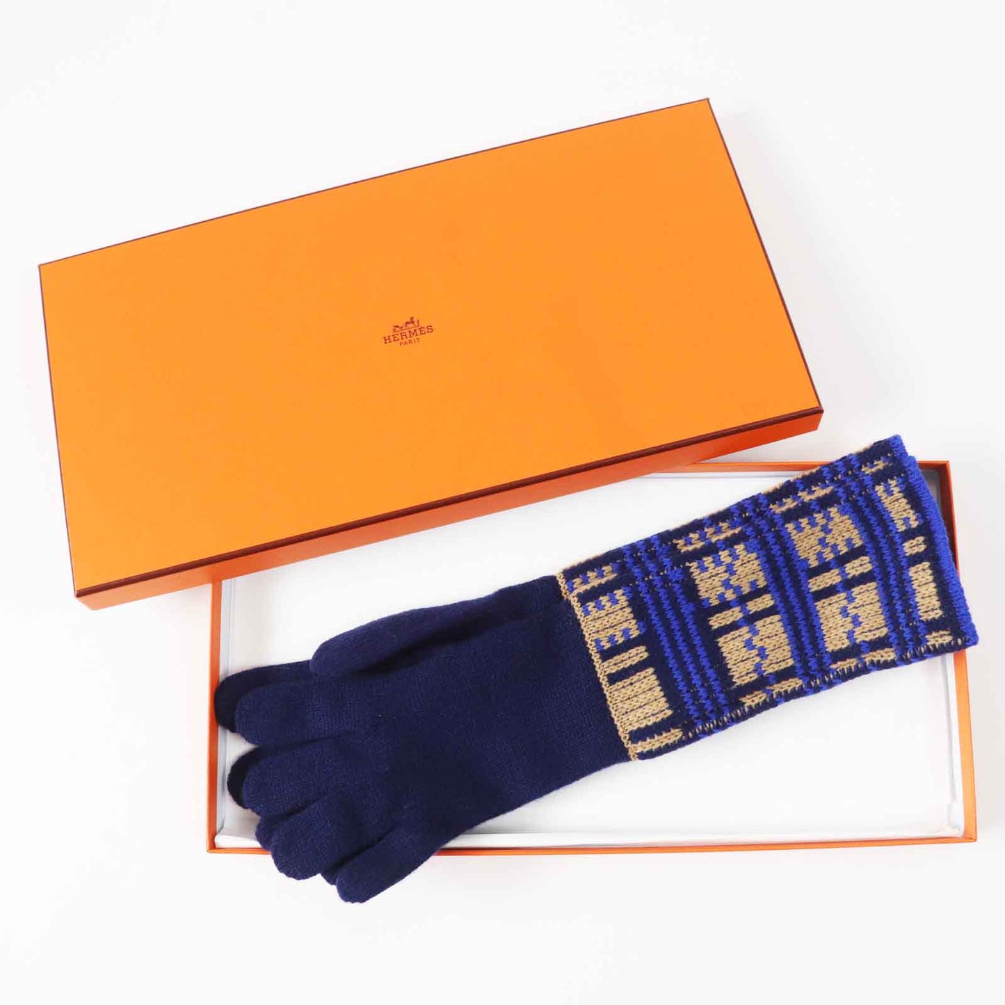 HERMES gloves Main: 100% cashmere Navy Brown Blue GANTS FEMME SLALOM MAILLE Women S Used