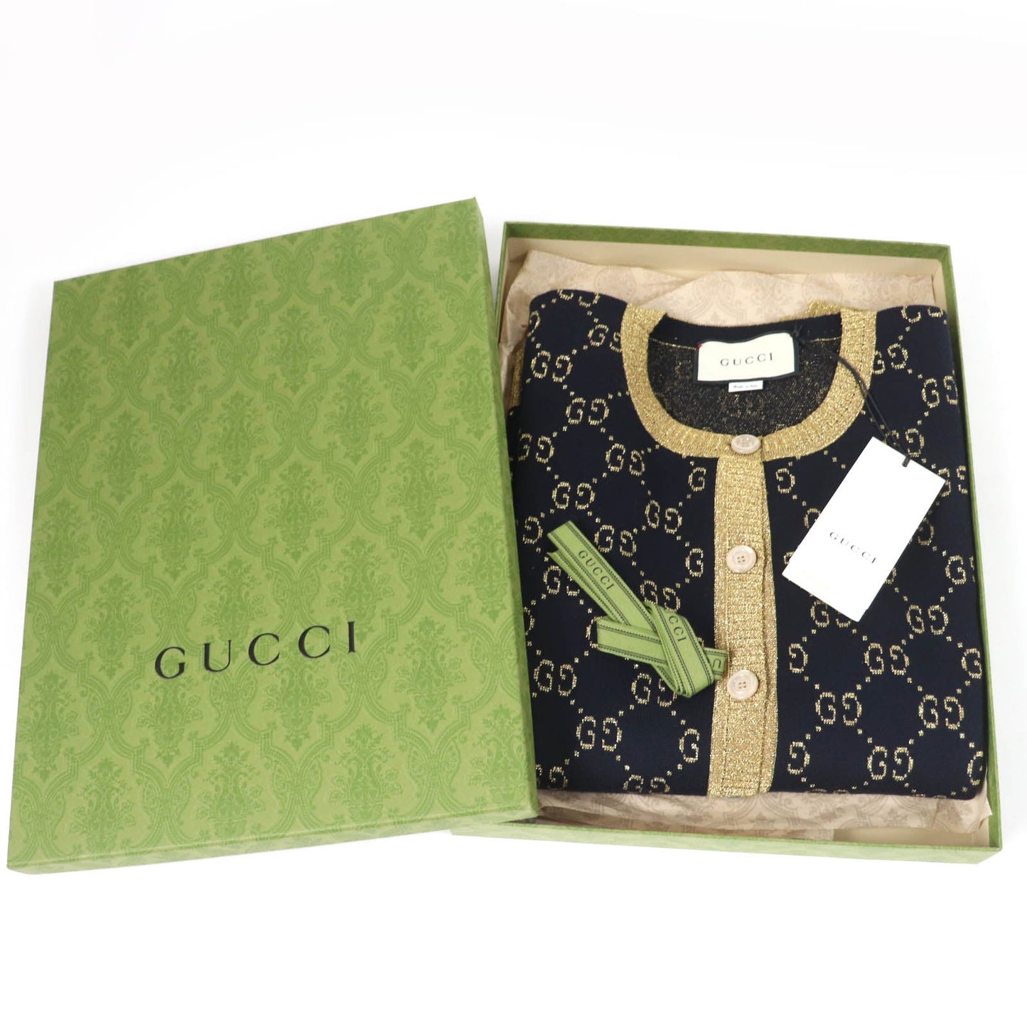 GUCCI cardigan 526758 Main: 77% cotton, Main: 12% nylon, Main: 11% metal fiber, Part: 50% metal fiber, Part: 50% nylon Dark navy gold Women XL Used