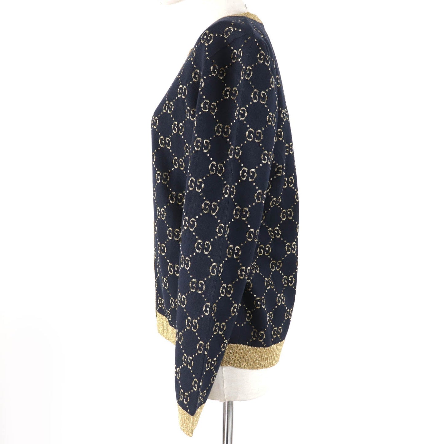 GUCCI cardigan 526758 Main: 77% cotton, Main: 12% nylon, Main: 11% metal fiber, Part: 50% metal fiber, Part: 50% nylon Dark navy gold Women XL Used