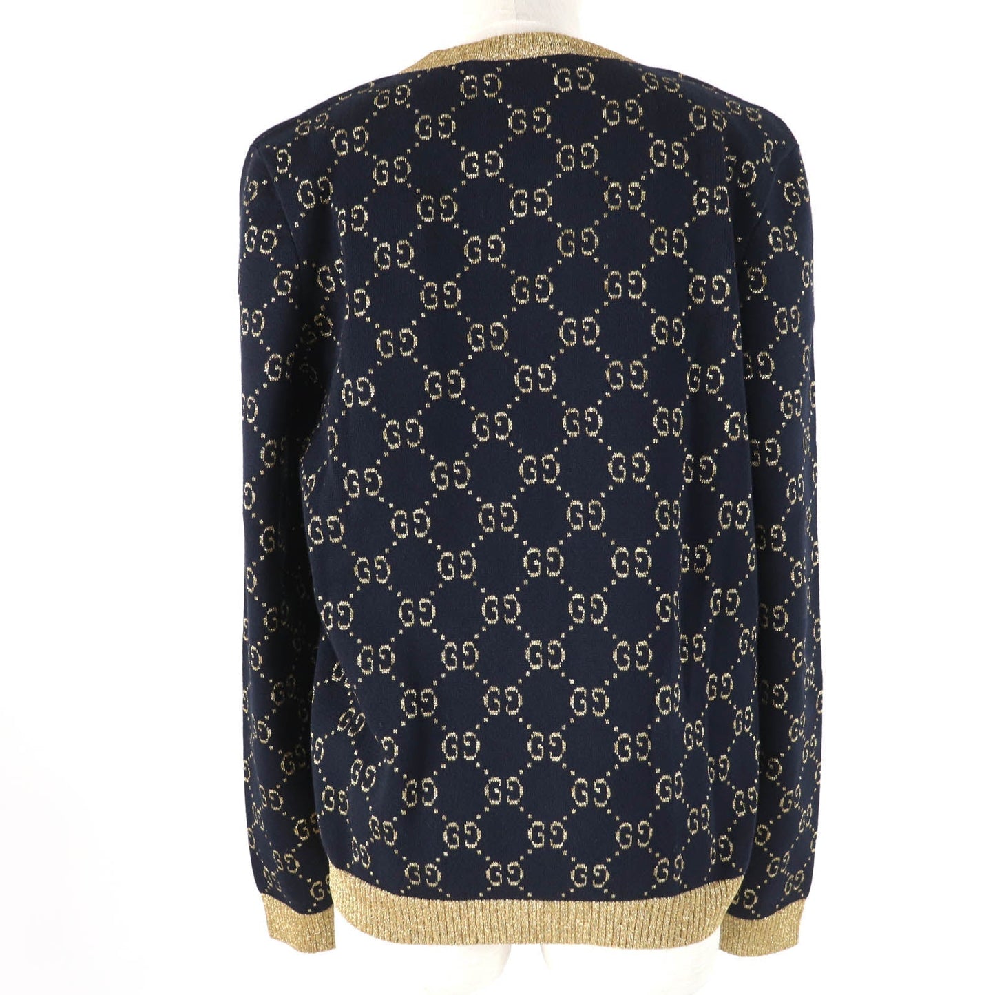 GUCCI cardigan 526758 Main: 77% cotton, Main: 12% nylon, Main: 11% metal fiber, Part: 50% metal fiber, Part: 50% nylon Dark navy gold Women XL Used