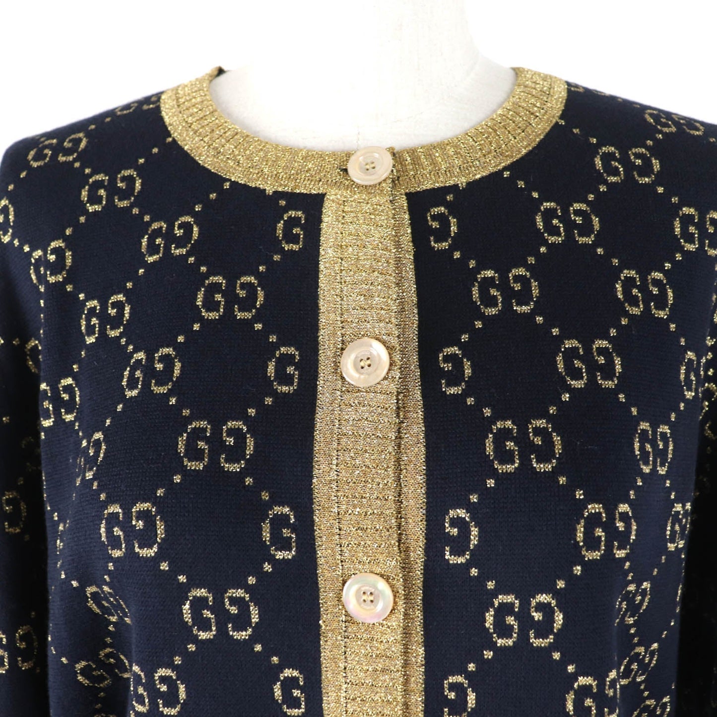 GUCCI cardigan 526758 Main: 77% cotton, Main: 12% nylon, Main: 11% metal fiber, Part: 50% metal fiber, Part: 50% nylon Dark navy gold Women XL Used