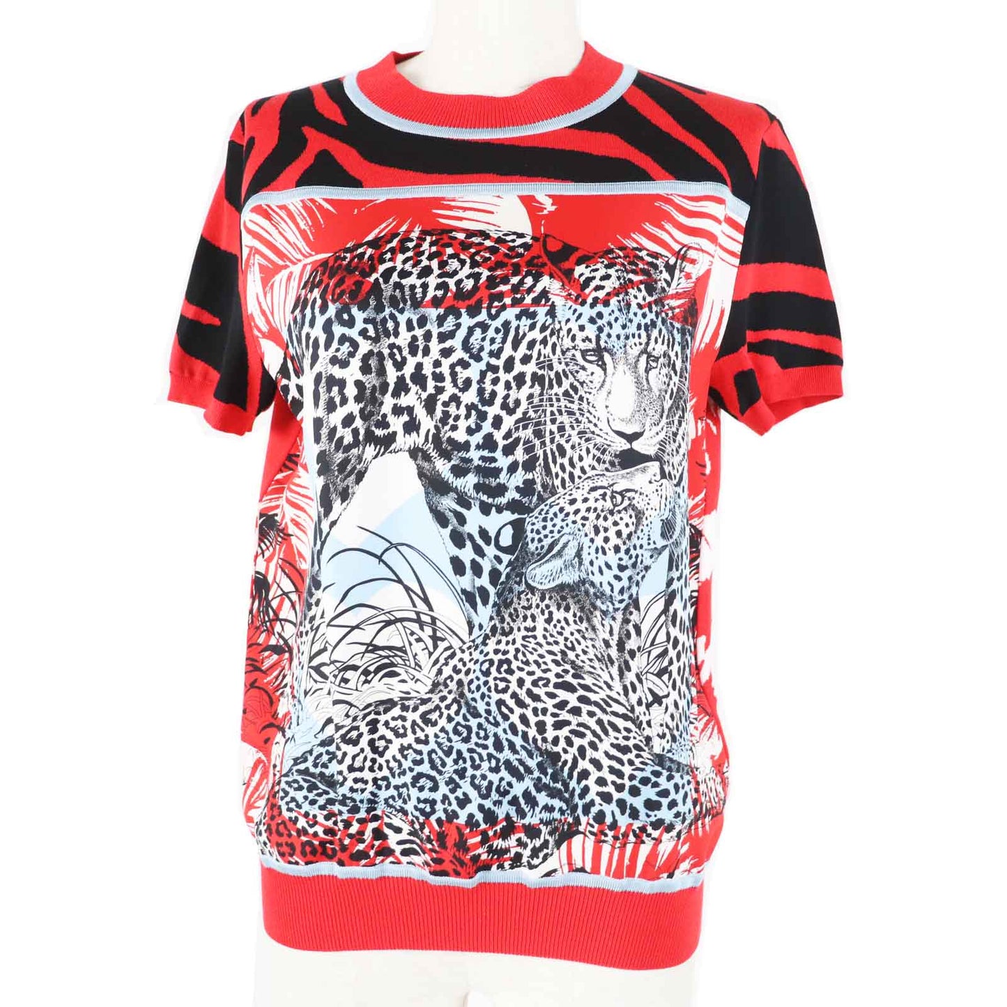 HERMES Short sleeve knit 3E2868D3 Main: 100% silk, Main: 86% rayon, Main: 10% silk, Main: 3% nylon, Main: 1% polyurethane Red x multi JUNGLE LOVE Women 36 Used
