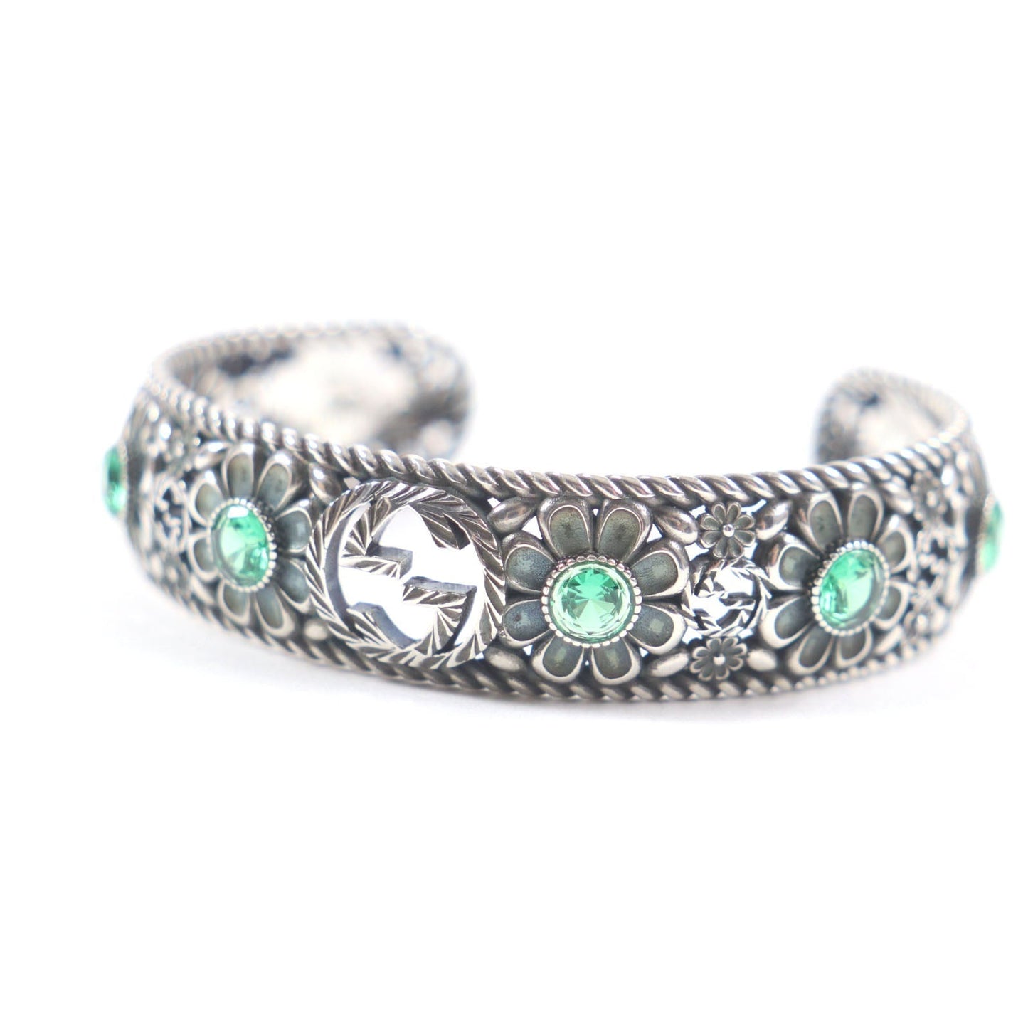 GUCCI bracelet Main: AG925 Silver Green Crystal Floral Interlocking G mens 16 Used