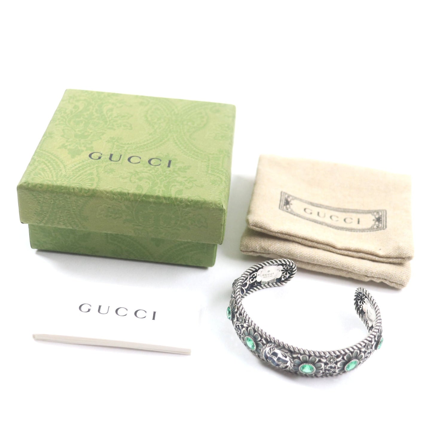 GUCCI bracelet Main: AG925 Silver Green Crystal Floral Interlocking G mens 16 Used