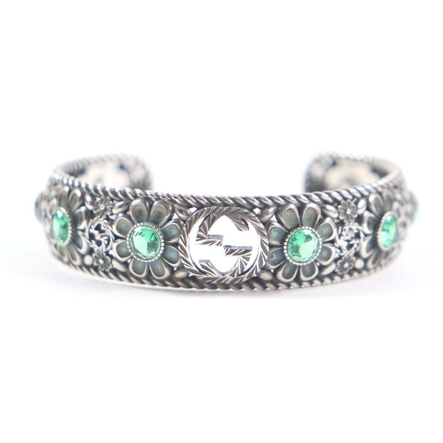 GUCCI bracelet Main: AG925 Silver Green Crystal Floral Interlocking G mens 16 Used