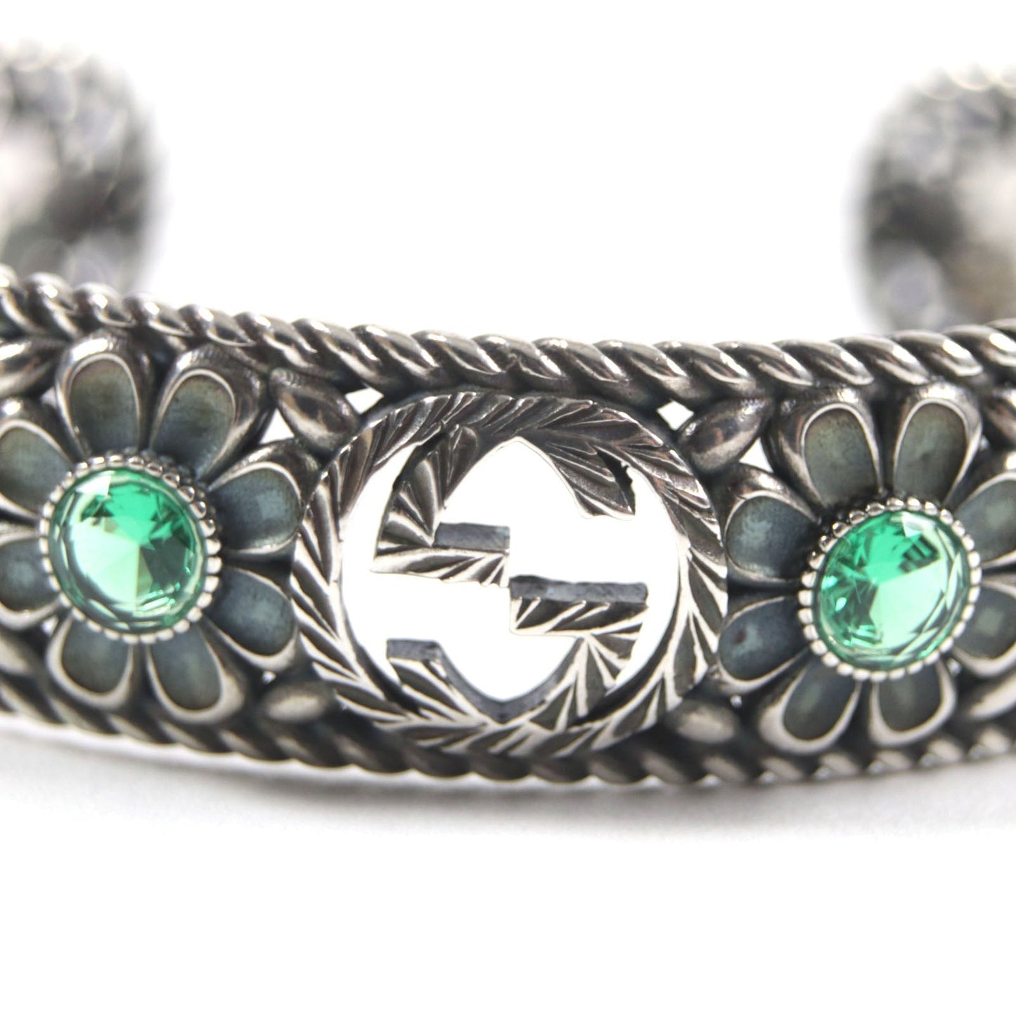 GUCCI bracelet Main: AG925 Silver Green Crystal Floral Interlocking G mens 16 Used