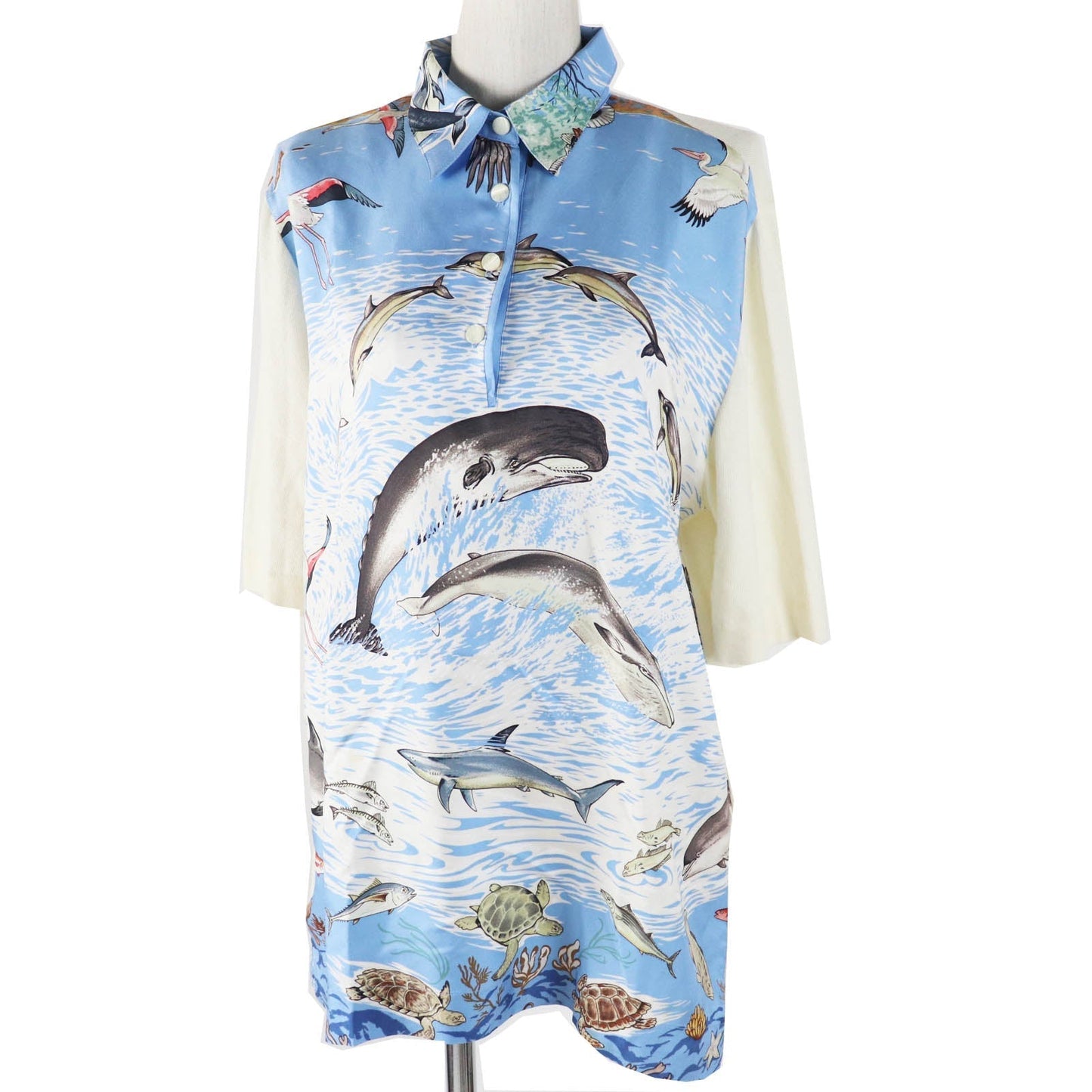 HERMES Short sleeve polo shirt Main: 100% silk, Main: 85% cotton, Main: 15% cashmere Light blue white The Precious Life of the Mediterranean Women M Used