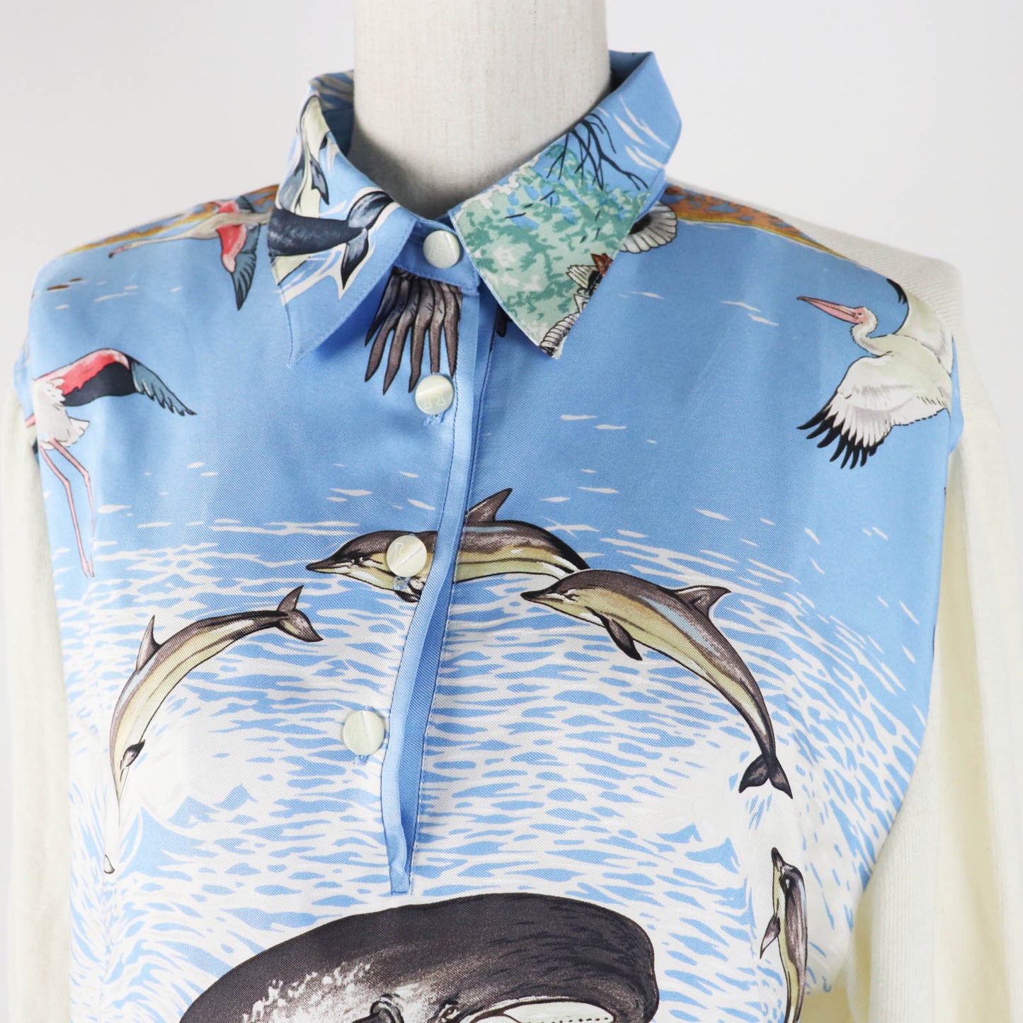 HERMES Short sleeve polo shirt Main: 100% silk, Main: 85% cotton, Main: 15% cashmere Light blue white The Precious Life of the Mediterranean Women M Used