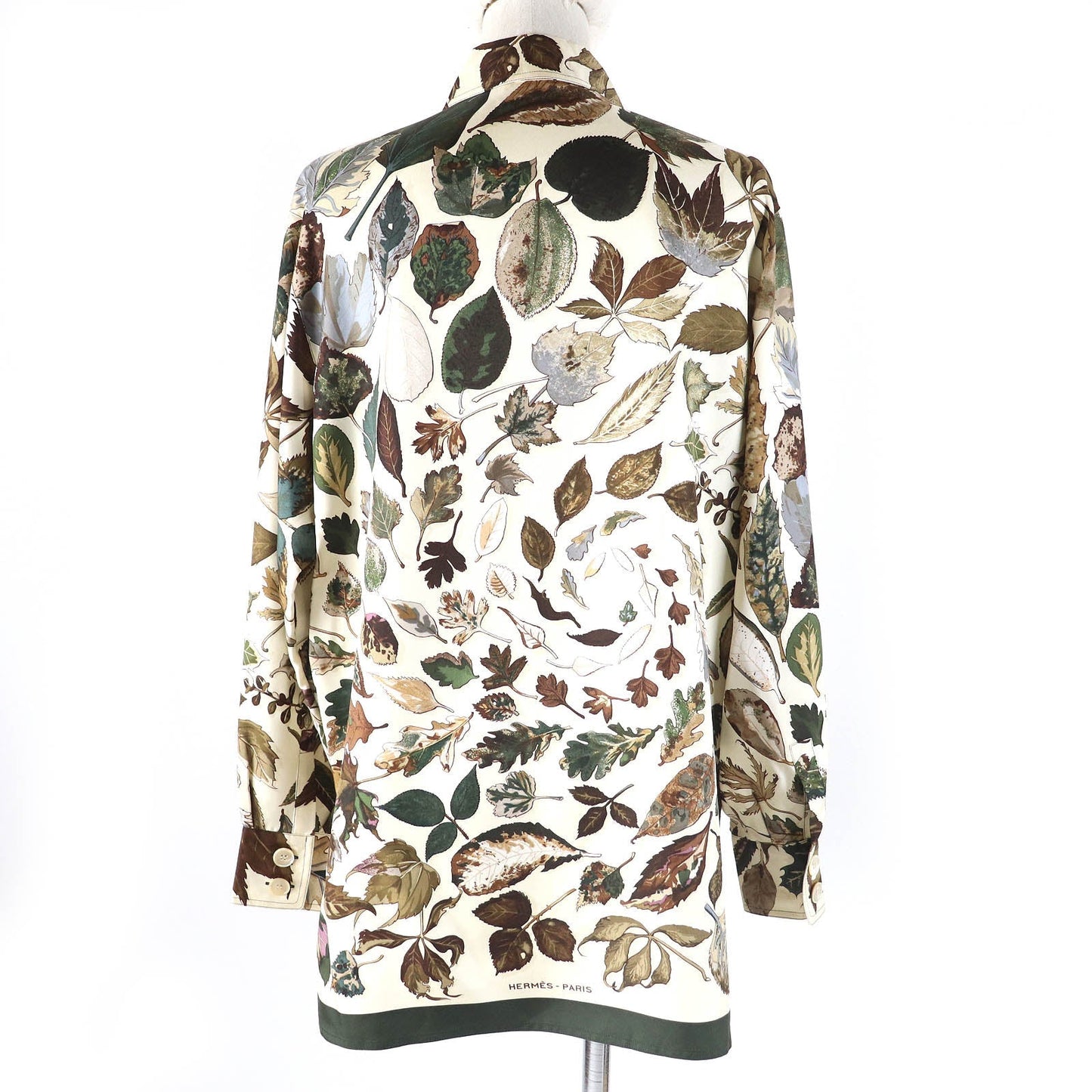 HERMES Long sleeve shirt Main: 100% silk Brown Khaki Beige Tourbillon swirl Women 38 Used