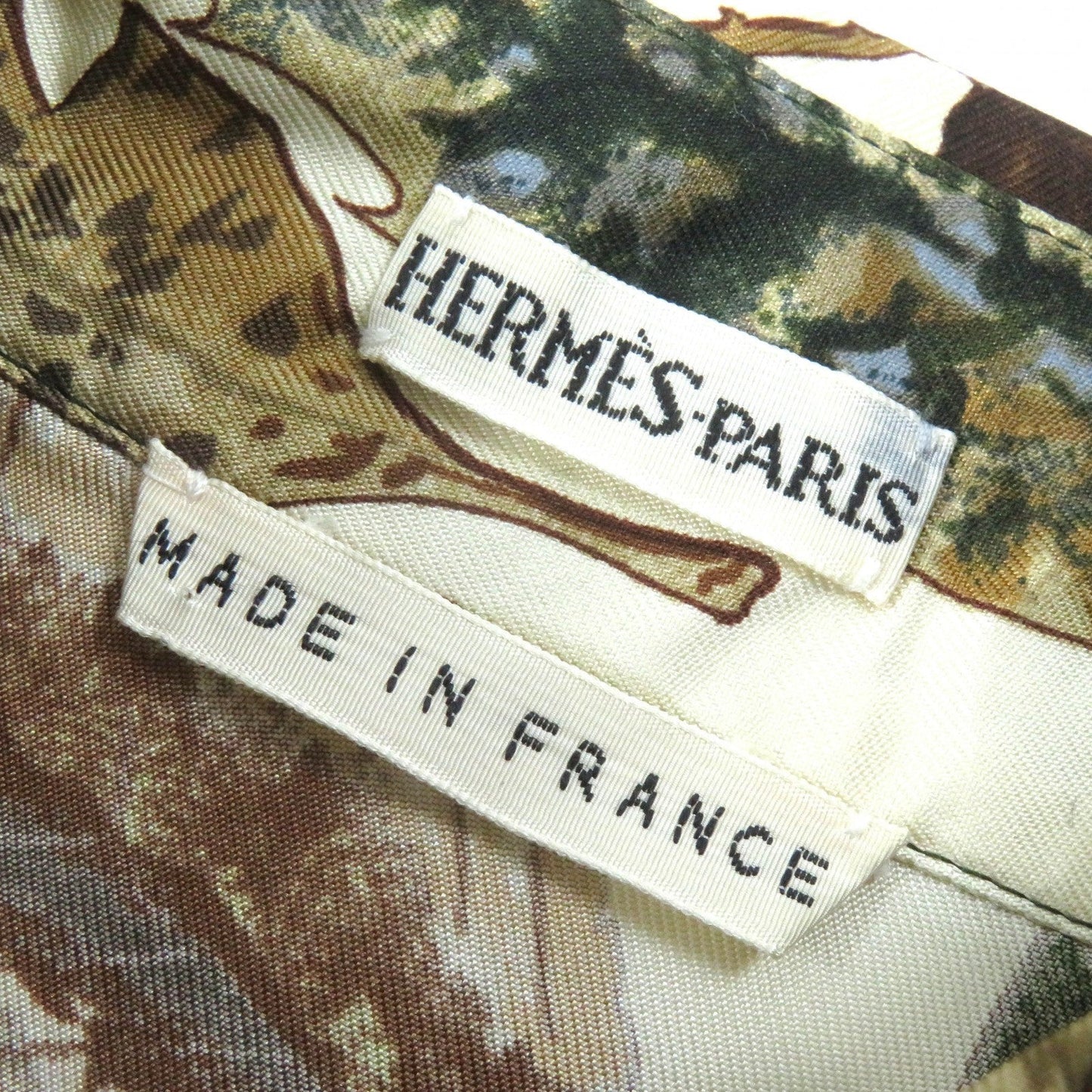 HERMES Long sleeve shirt Main: 100% silk Brown Khaki Beige Tourbillon swirl Women 38 Used