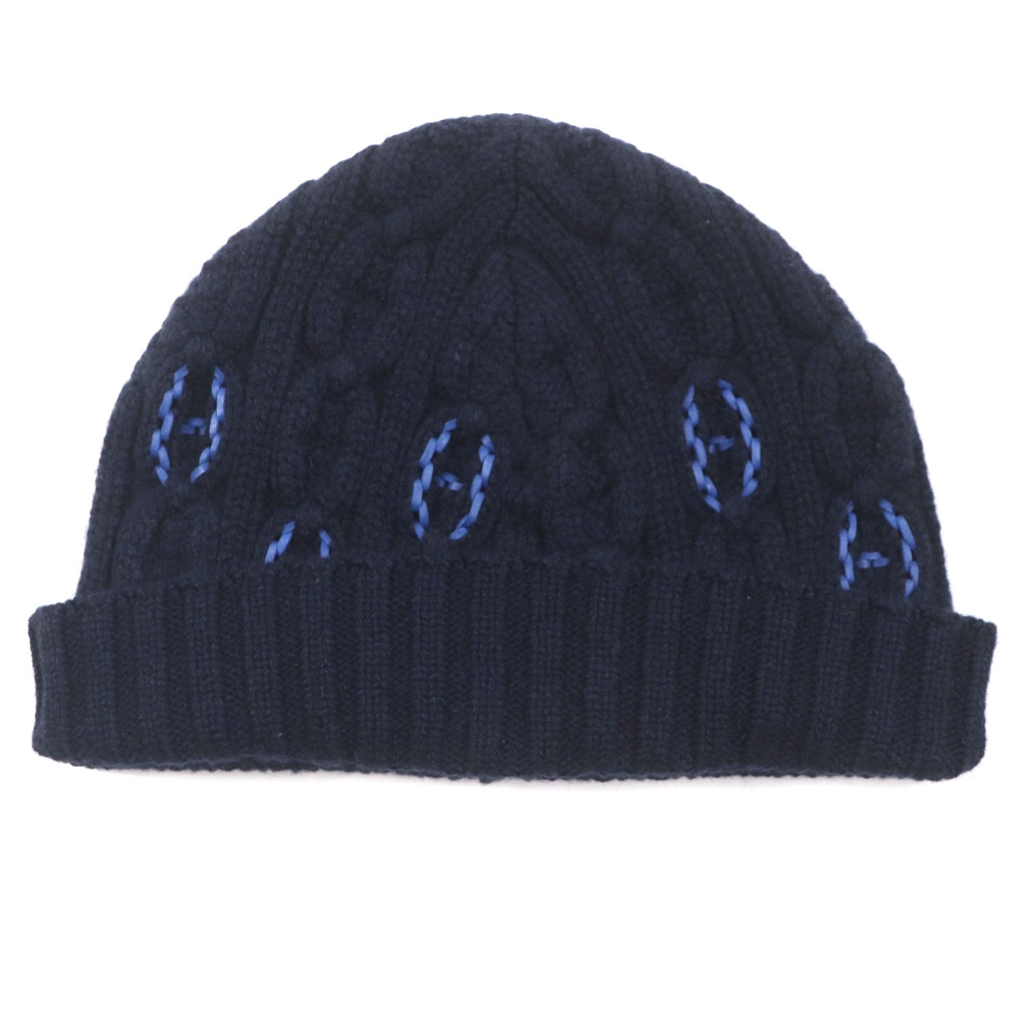 HERMES Knit cap H232073N Main: 100% cashmere, Leather part: Sheepskin Navy Tri-Maion mens L Used
