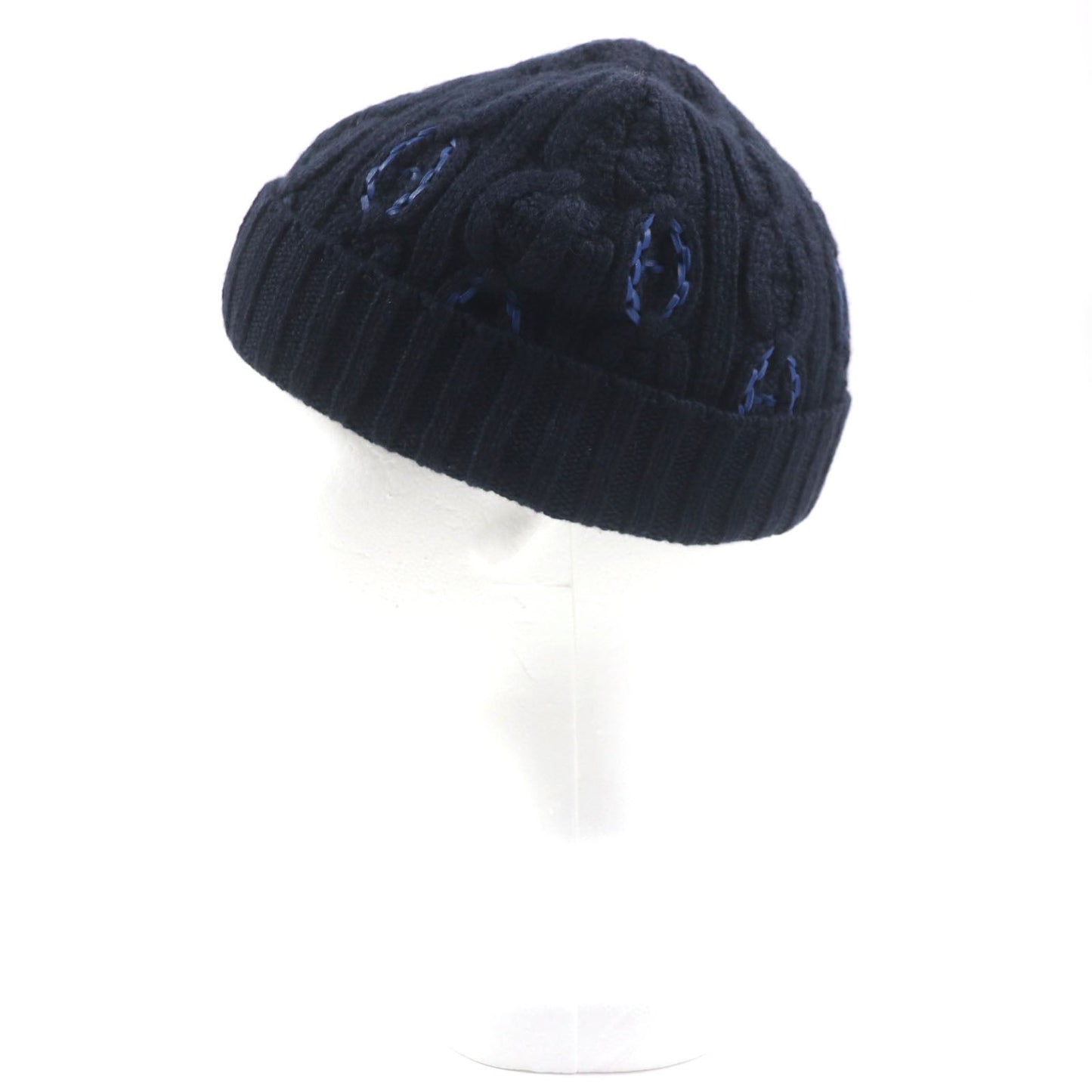 HERMES Knit cap H232073N Main: 100% cashmere, Leather part: Sheepskin Navy Tri-Maion mens L Used
