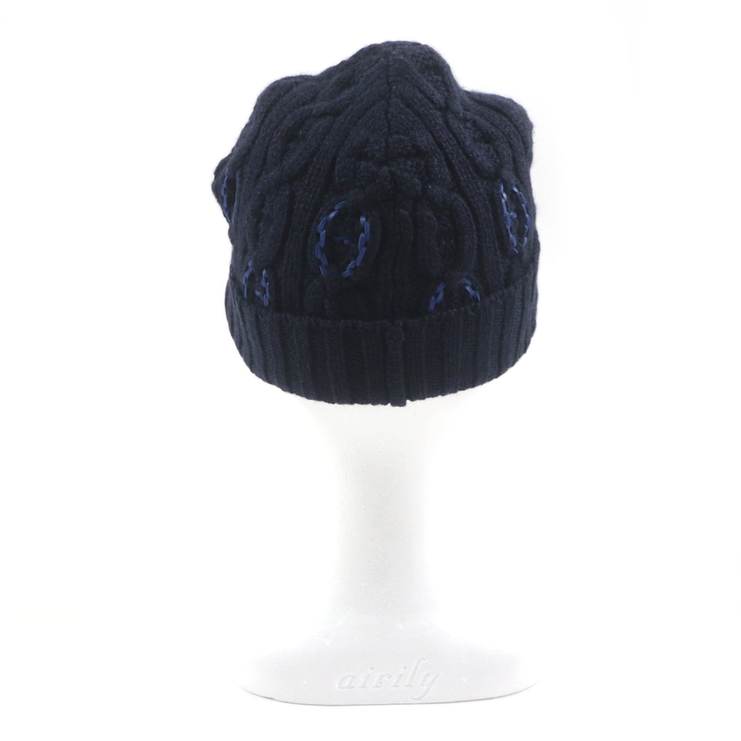 HERMES Knit cap H232073N Main: 100% cashmere, Leather part: Sheepskin Navy Tri-Maion mens L Used