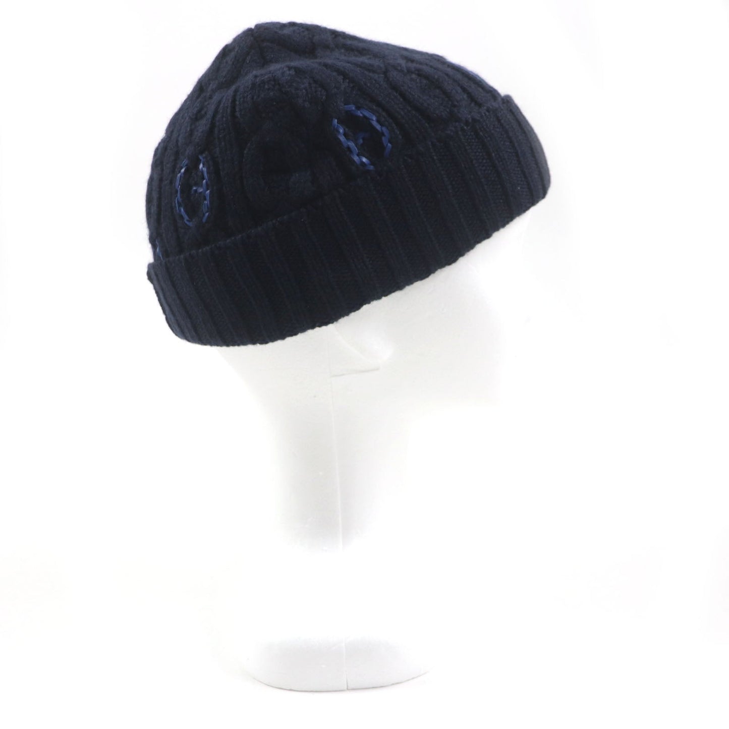 HERMES Knit cap H232073N Main: 100% cashmere, Leather part: Sheepskin Navy Tri-Maion mens L Used