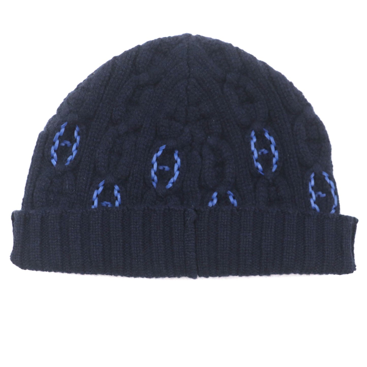 HERMES Knit cap H232073N Main: 100% cashmere, Leather part: Sheepskin Navy Tri-Maion mens L Used